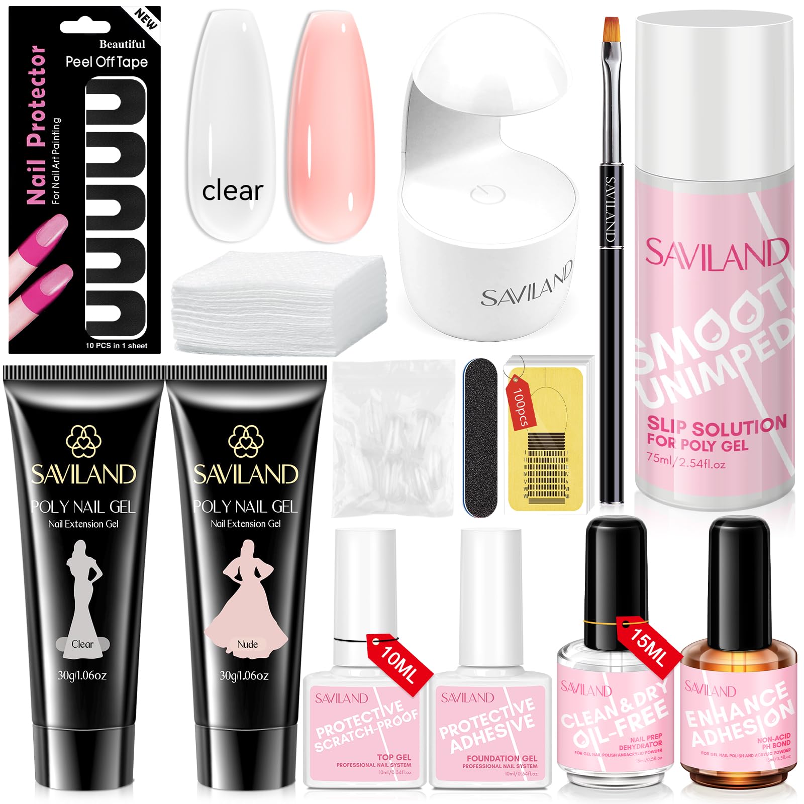 SAVILAND Poly Gel Nail Kit - 2PCS 30ML Clear & Nude Colors with Slip Solution, UV Lamp, Nail Dehydrator, Non-Acid PH Bond, Protector Stickers | Professional Nail Extension Starter Kit for Long-Lasting Manicure | Perfect for Beginners, DIY Home Salon & Professional Nail Artists