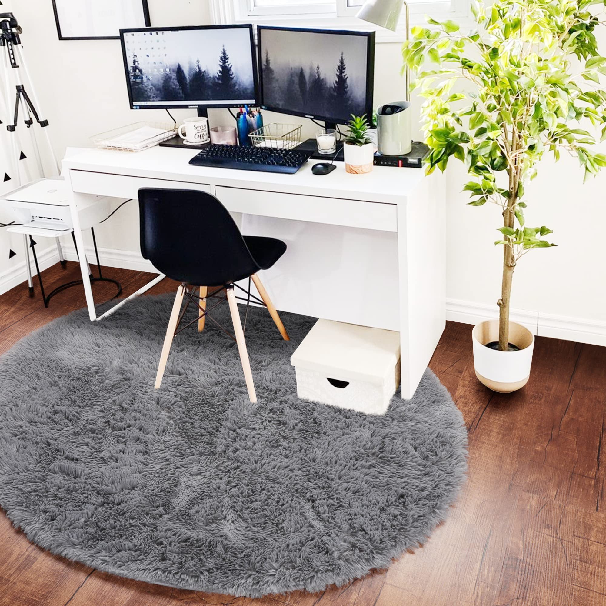ONASAR Grey Round Area Rugs 5ft - Soft Fluffy Plush Shaggy Carpet for Bedroom, Nursery, Living Room & Playroom - Non-Slip Circle Floor Mat for Kids, Girls & Teens - Cozy Home Decor Aesthetic (Perfect for Play Areas, Nursery Rooms & Boho Chic Living Spaces)