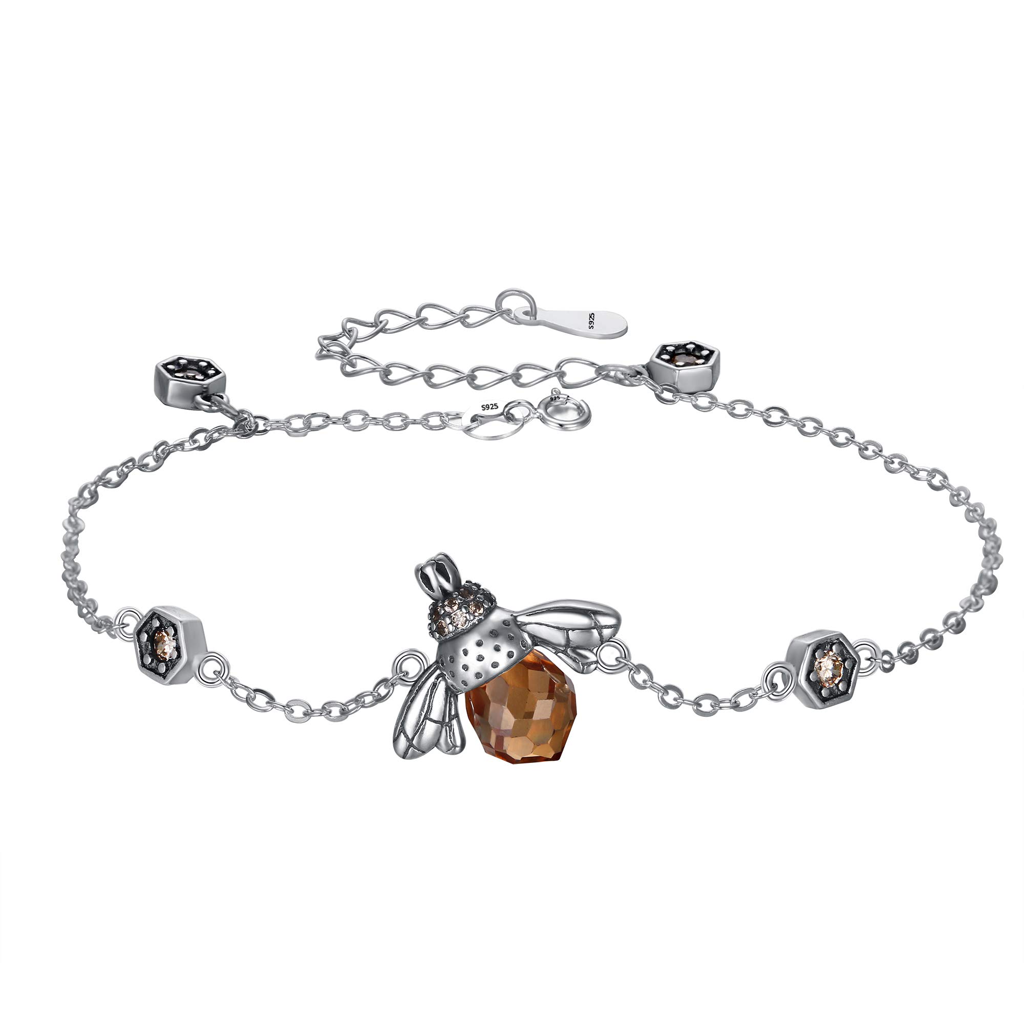 EleQueen 925 Sterling Silver Vintage Queen Bee Pendant Necklace with Brown Crystals - Elegant Jewelry Set for Women & Girls - Perfect for Parties, Dating & Gifts