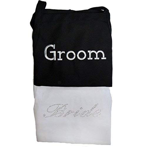 Bride and Groom Apron Set - Elegant Rhinestone Wedding Apron for Her & Embroidered Chef Apron for Him - Perfect for Couples Cooking, Bridal Shower Gifts & Wedding Registry