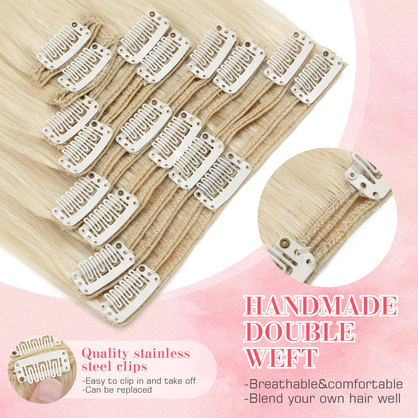 S-noilite 24 Inch Platinum Blonde Clip in Hair Extensions - 8Pieces 170G Real Human Remy Hair with Double Weft #60 - Perfect for Parties, Weddings & Daily Styling