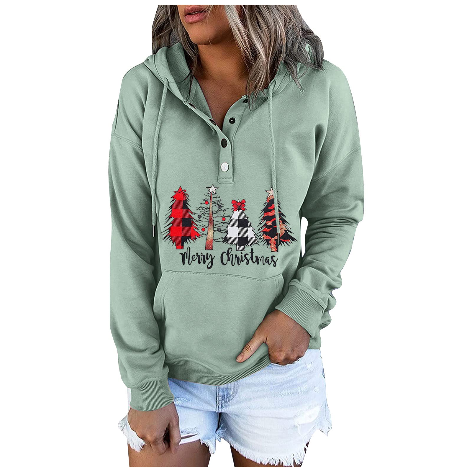 Women's Autumn Winter Casual Christmas Fashion Print Hooded Button Sweatshirt | Cozy Fleece Pullover for Holiday Outfits & Seasonal Layering