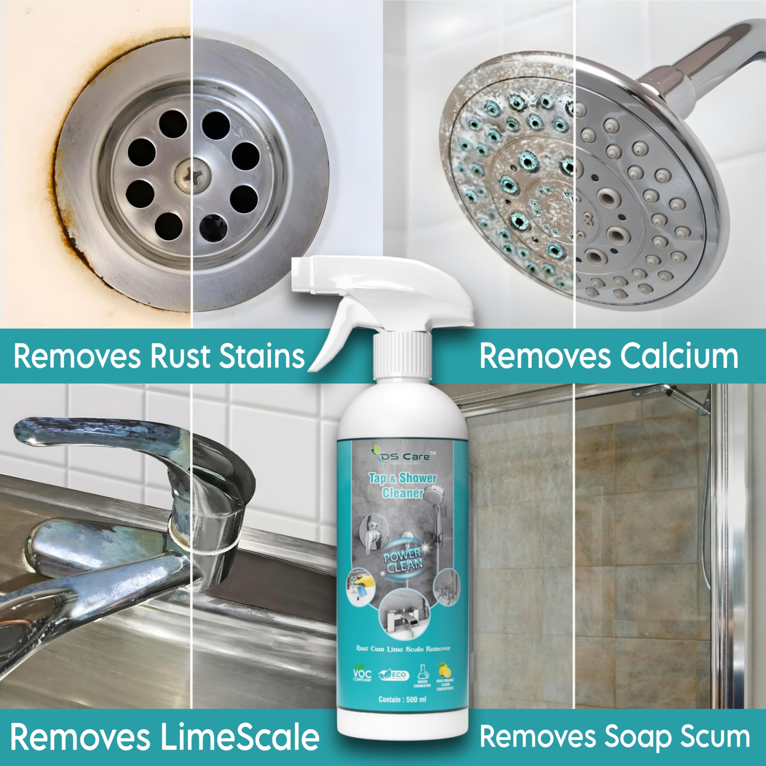 DS CARE Multipurpose Tap & Shower Cleaner 500ml - Powerful Bathroom Cleaner for Rust, Limescale & Hard Water Stain Removal | Effective Drain Descaling Solution | All-Purpose Cleaning for Sinks, Tiles & Faucets | Pack of 1 (Ideal for Home, Hotel & Commercial Use)