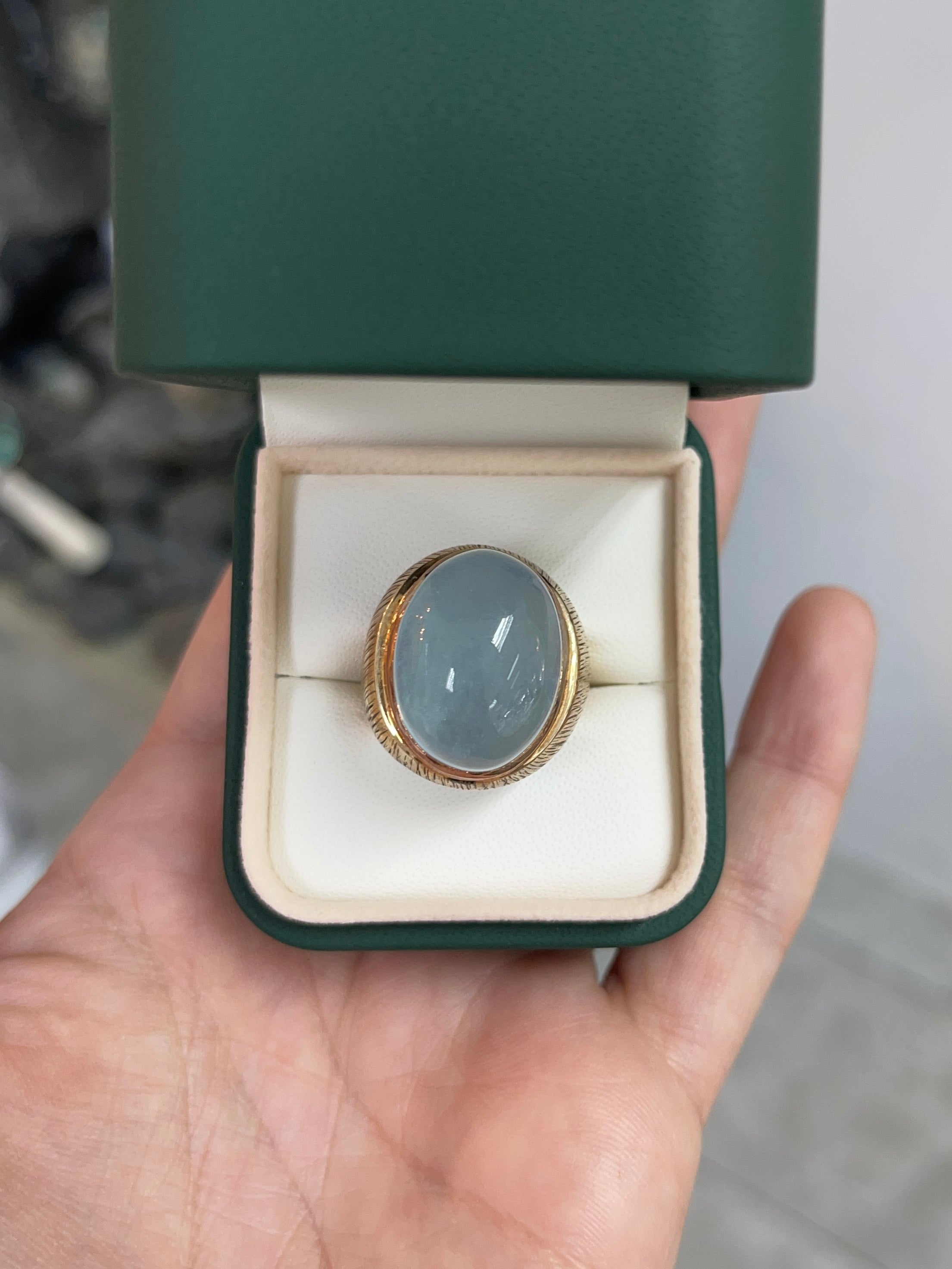 14K Gold 26.97ct Oval Cabochon Aquamarine Solitaire Ring for Men - Bluish Gray Gemstone Statement Jewelry, Perfect for Weddings, Anniversaries & Special Occasions