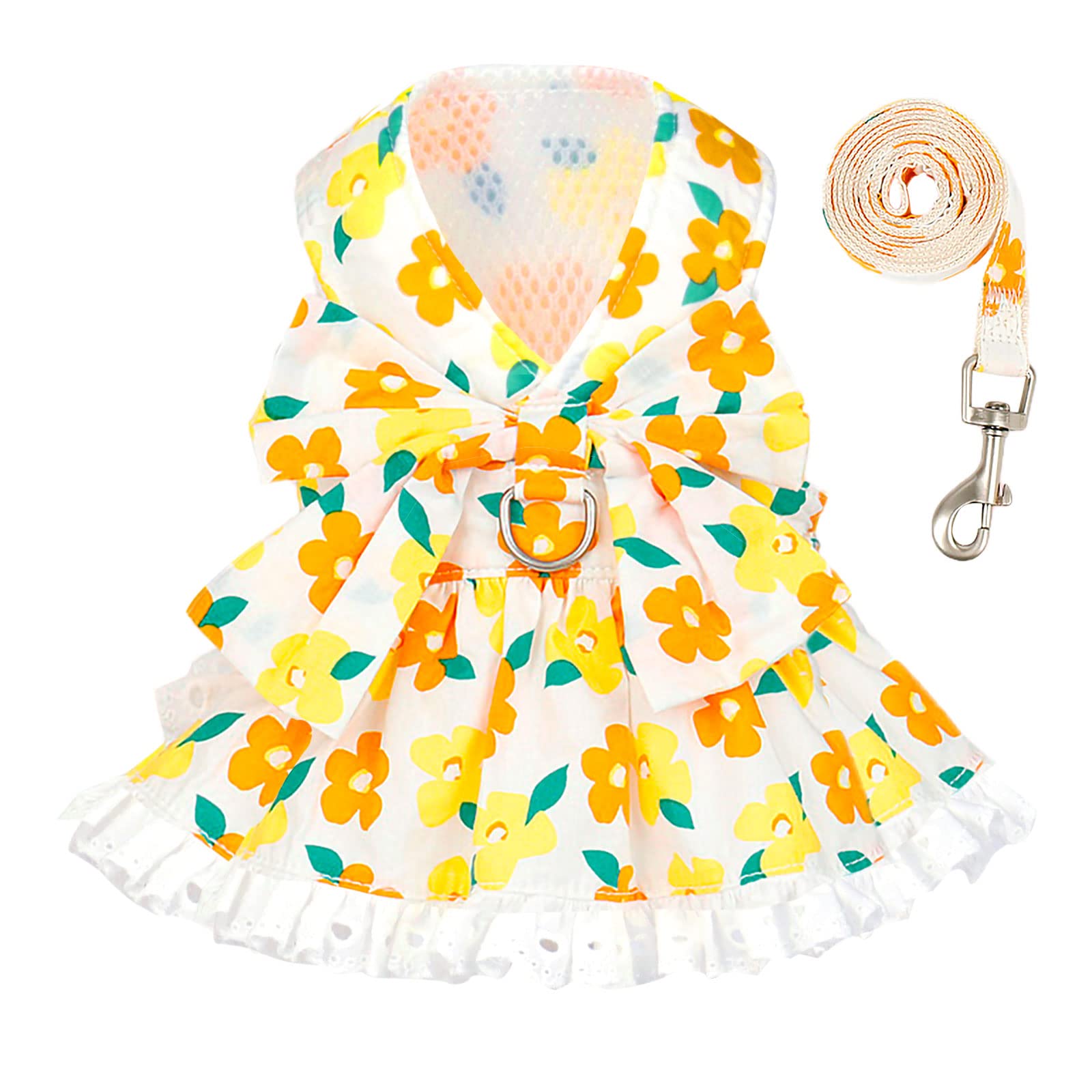 Small Dog Harness & Dress Set with Leash - Cute Floral Princess Outfit for Puppies & Kittens (Yellow, Medium) | Perfect for Summer Walks, Birthday Parties & Pet Fashion Photos