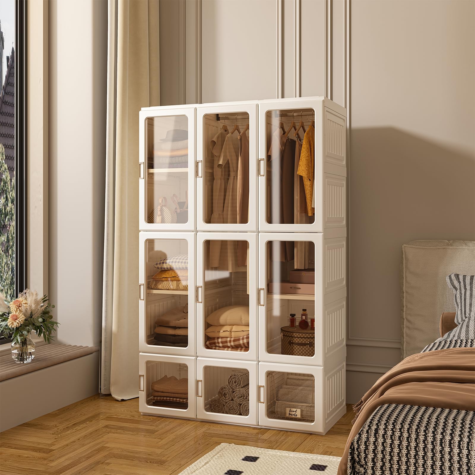 Portable Closet Organizer with Magnetic Transparent Door - 8 Storage Cubes & 2 Hanging Rods for Clothes, Easy Assembly Wardrobe for Bedroom, Living Room | Space-Saving Clothes Storage Solution for Apartments, Dorms & Small Spaces