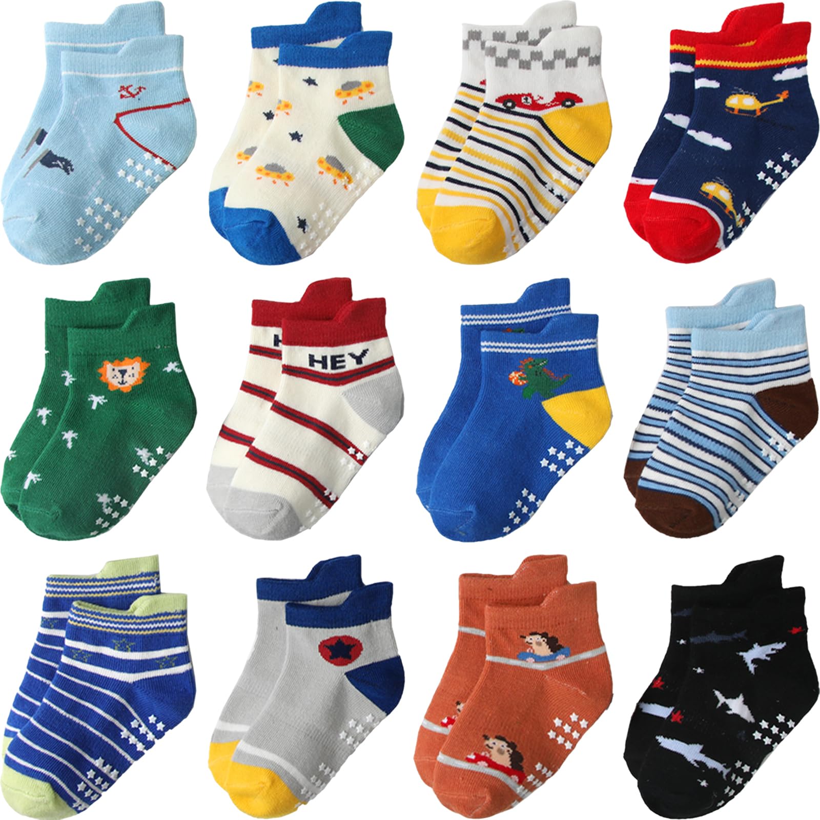 Non-Slip Baby Socks with Grips - 12 Pack Cotton Ankle Socks for Toddlers Boys & Girls - Soft Cute Newborn Socks for Playtime, Daycare & First Steps