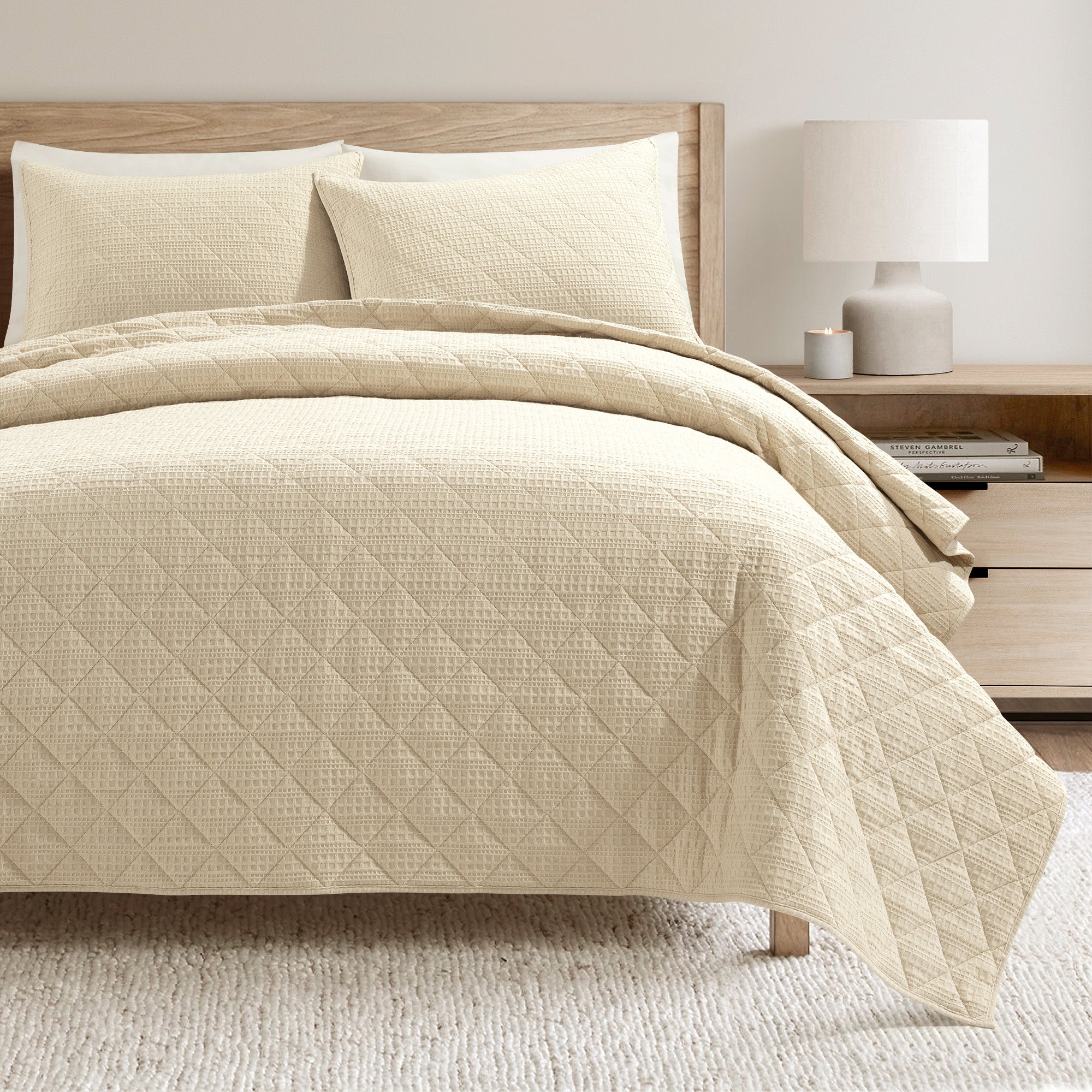 Haniya Solid Waffle Woven Cotton Textured Quilt Set - Queen Size Bedding, Breathable & Soft Comforter Cover for All Seasons - Perfect for Cozy Bedrooms, Guest Rooms & Airbnb Stays