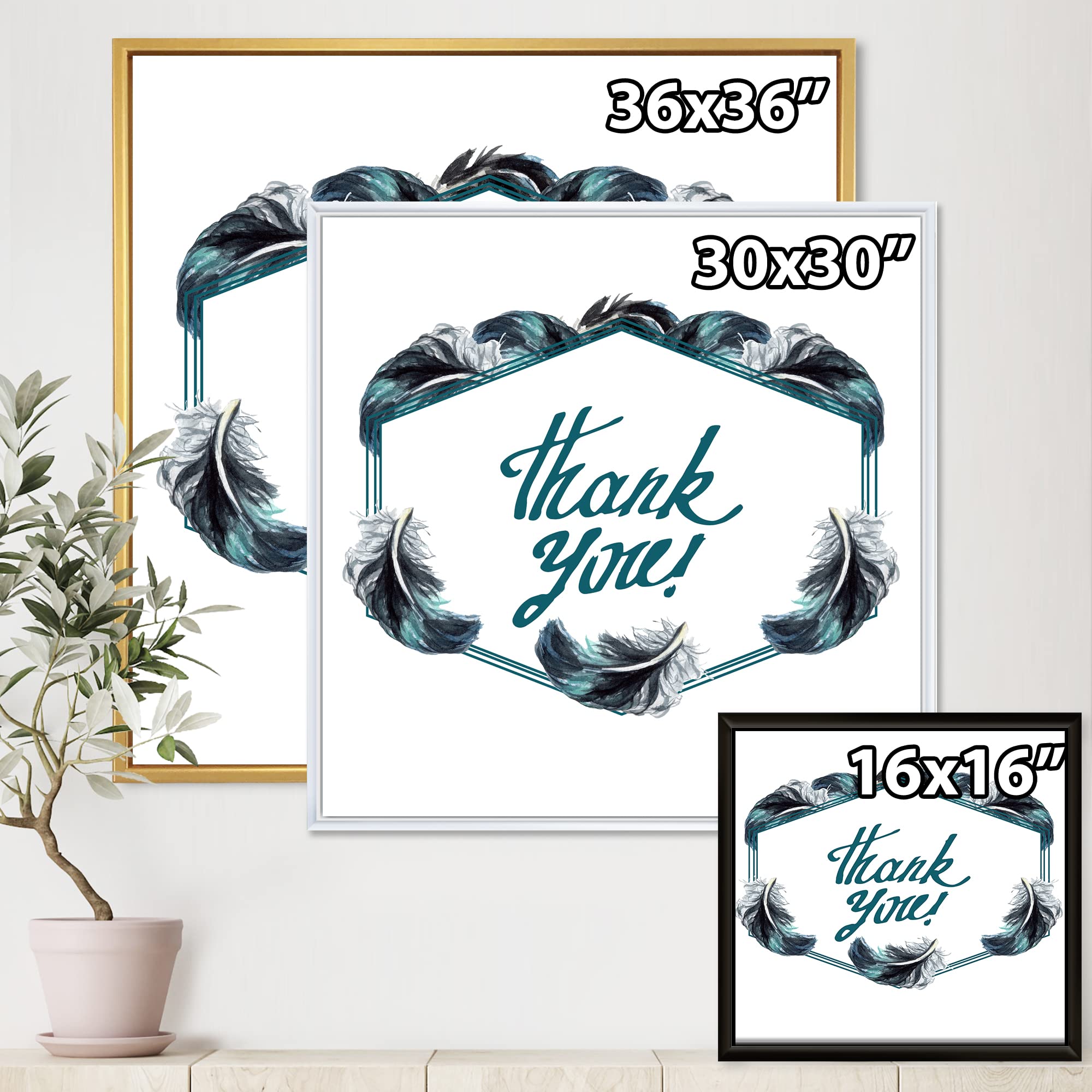DesignQ Black Boho Feathers Thank You Framed Canvas Wall Art Print - Bohemian & Eclectic Home Decor for Living Room, Bedroom & Office