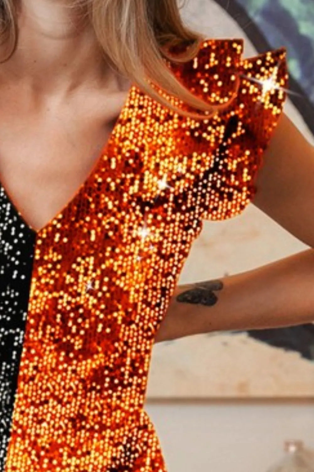 BiBi Game Day Color Block Sequin Ruffled Armhole Top - Women's Party & Festival Fashion for Sports Events, Concerts and Night Out