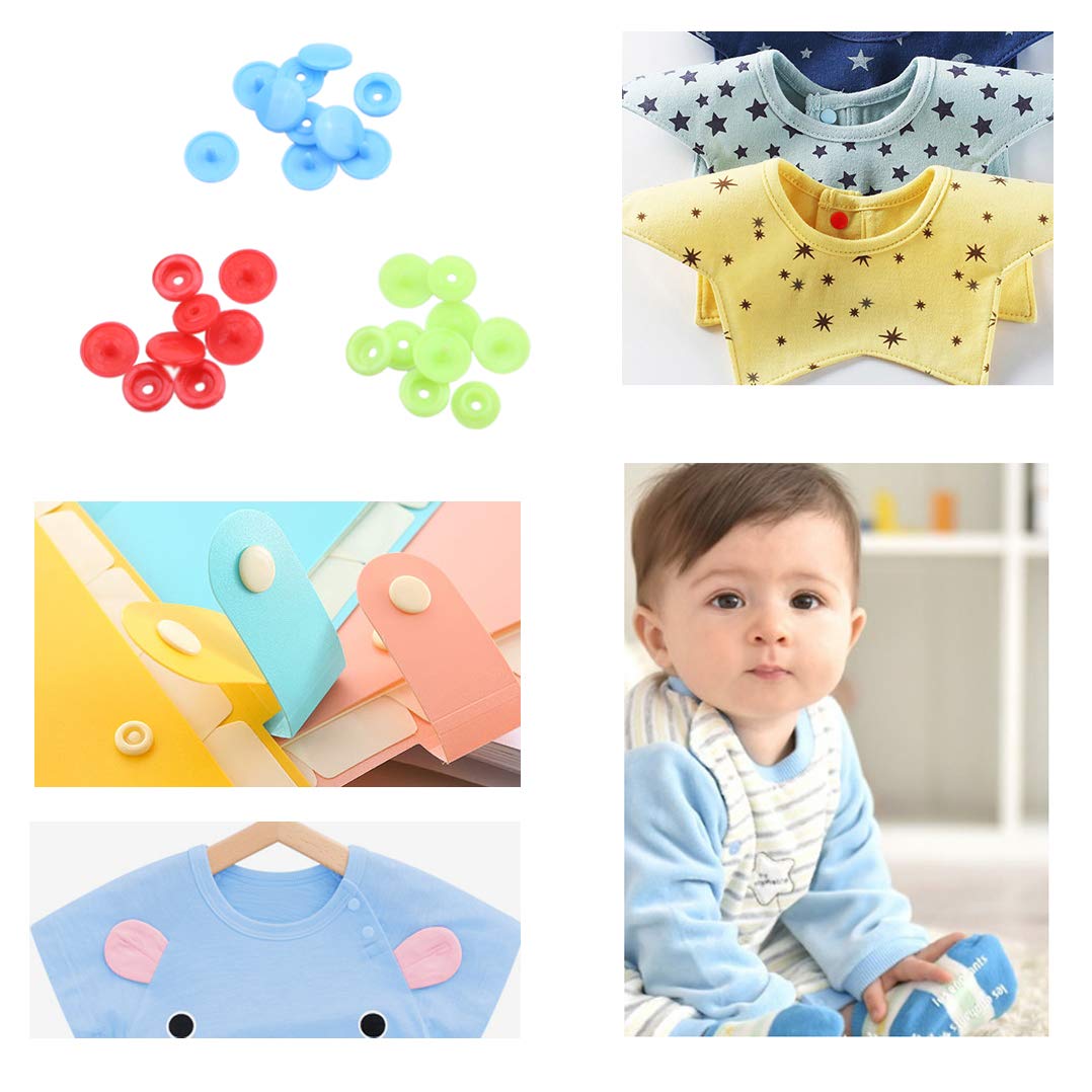 Kare & Kind Plastic Snap Buttons Set - 150pcs T5 Fasteners in 15 Colors (10 Each) - No Sew Buttons for Sewing, Crafting, DIY Clothing & Baby Items - Perfect for Cloth Diapers, Bibs, Dresses & Fabric Projects