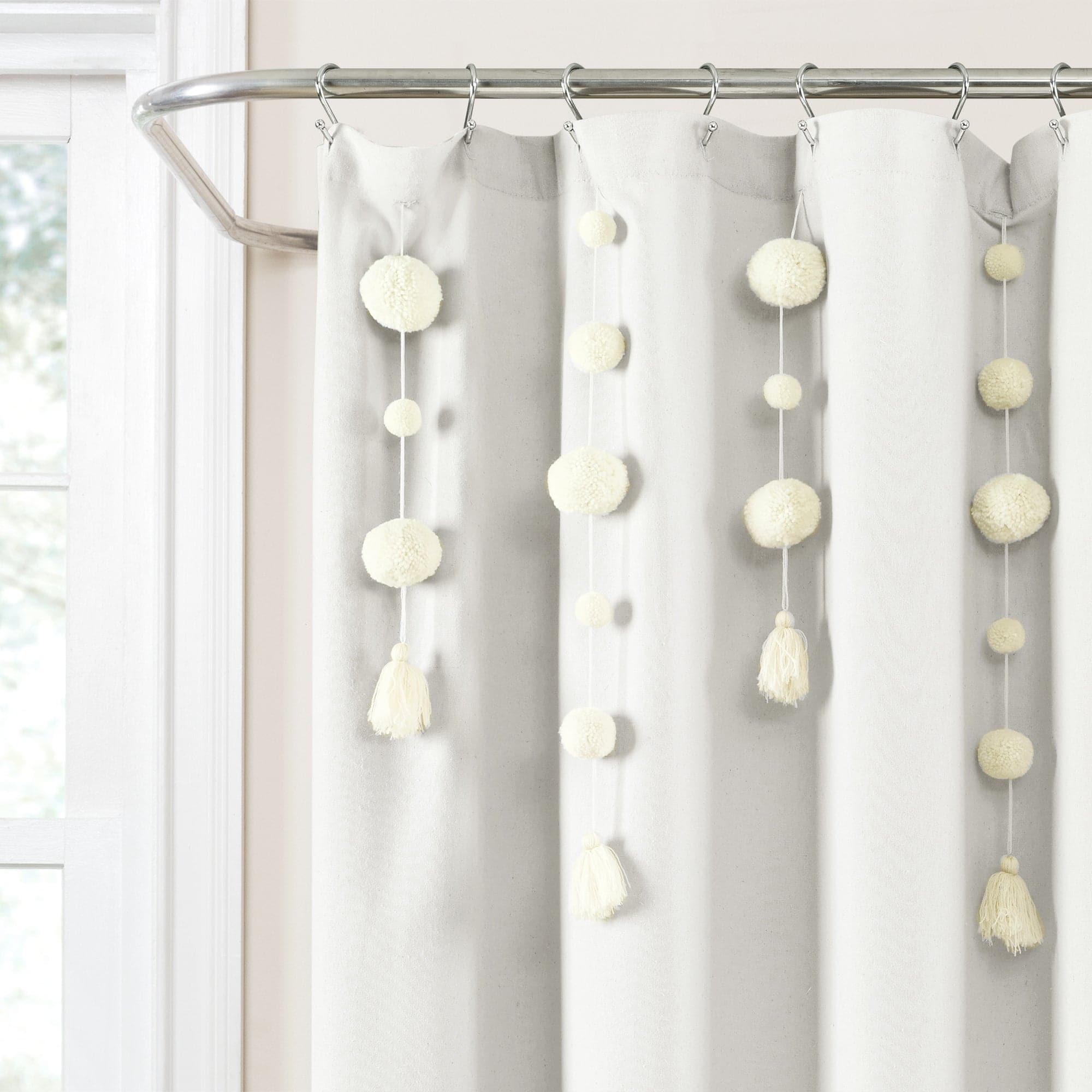 Boho Pom Pom Tassel Faux Linen Shower Curtain - Waterproof Bathroom Decor for Bohemian Style, Farmhouse & Coastal Homes (72x72 Inches) - Perfect for Master Bath, Guest Bath & Kids' Bathroom
