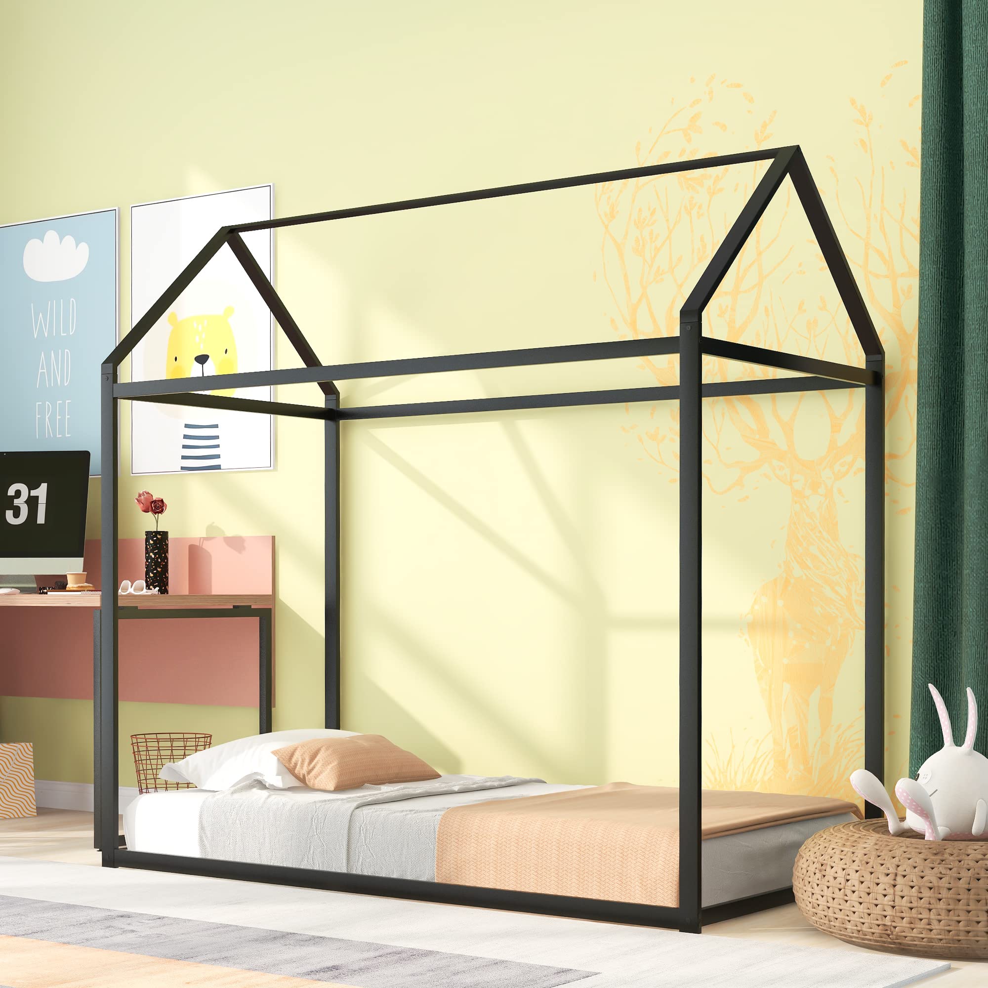 Merax Twin Size Metal House Bed Frame with Roof - Sturdy Platform Bed for Kids, No Box Spring Needed, Black - Perfect for Boys & Girls Bedrooms, Playrooms & Cozy Reading Nooks