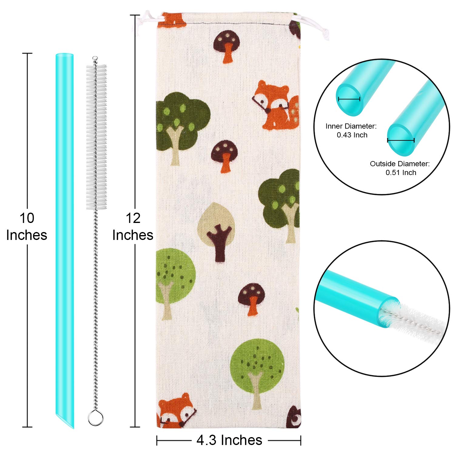 12 Pack Reusable Jumbo Angled Straws for Smoothies & Drinks - BPA Free Food Grade Plastic with Storage Bag & Cleaning Brushes - Perfect for Home, Office, Parties & Travel