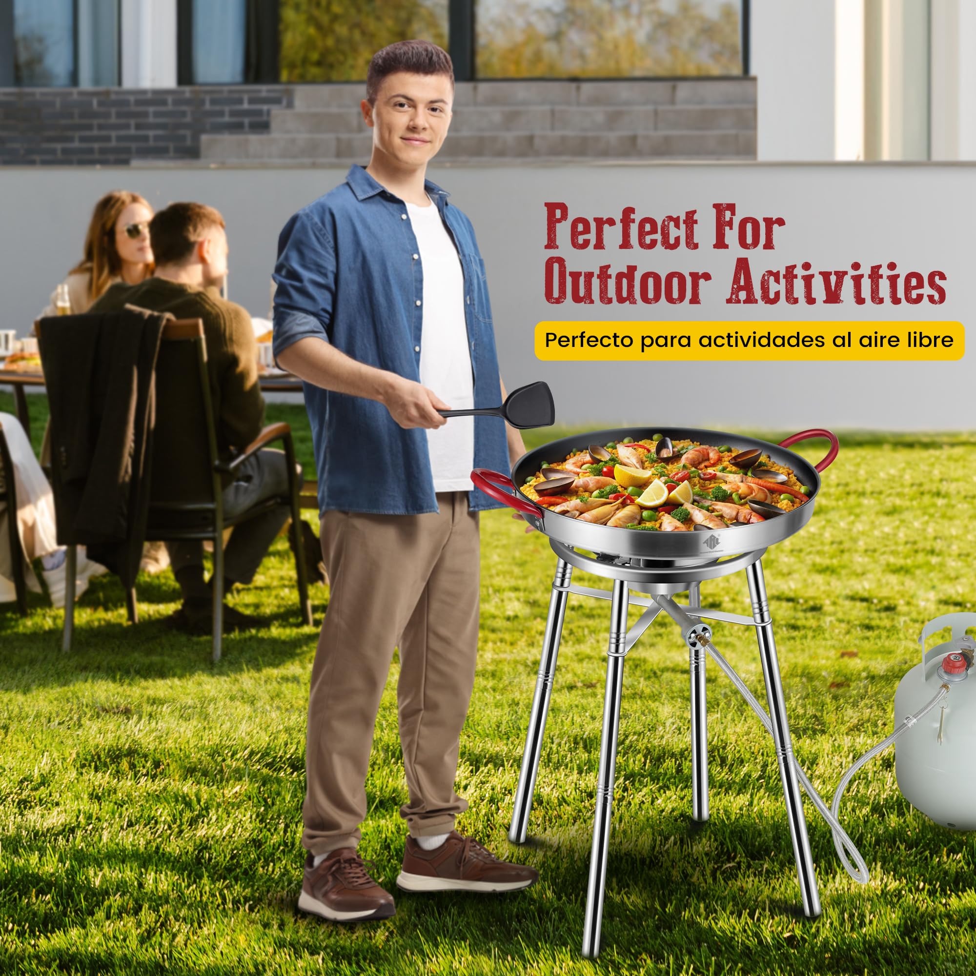 Nonstick Paella Pan Set with Stainless Steel Burner & Stand - 21 Inch, 16 Servings - Includes Propane Burner Head, Carry Bag, Wok Spatula & Foldable Brackets - Perfect for Outdoor Cooking, Parties & Spanish Cuisine