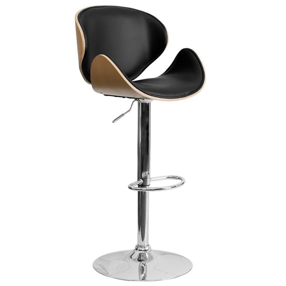 BOWERY HILL Adjustable Faux Leather Bar Stool - Black & Beech - Height Adjustable Counter Stool for Kitchen Island, Breakfast Bar & Home Decor