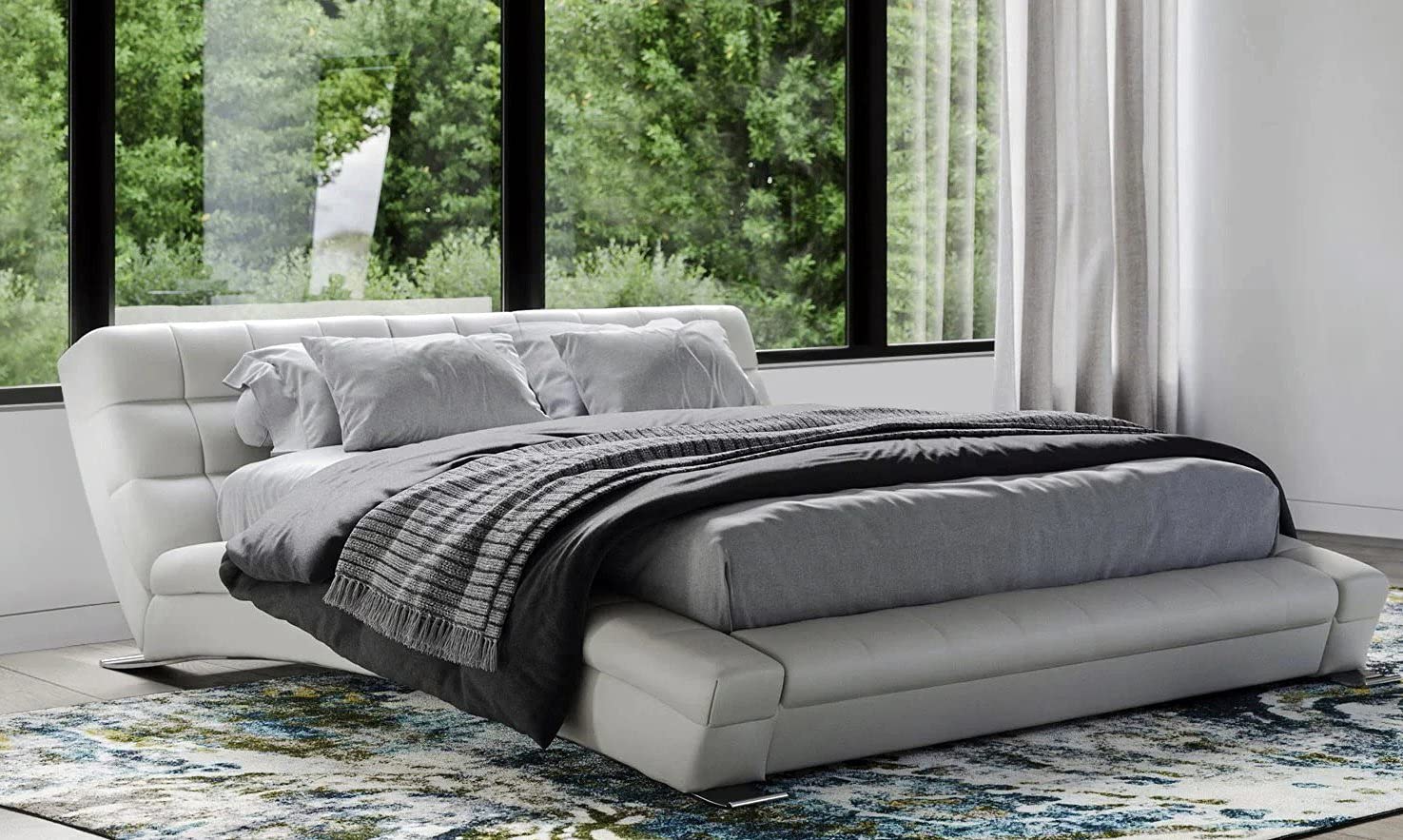 ZURI Adonis White Tufted Leather Platform Bed - Queen Size, Modern Upholstered Bed Frame with Storage, Luxury Bedroom Furniture for Master Bedroom & Guest Room