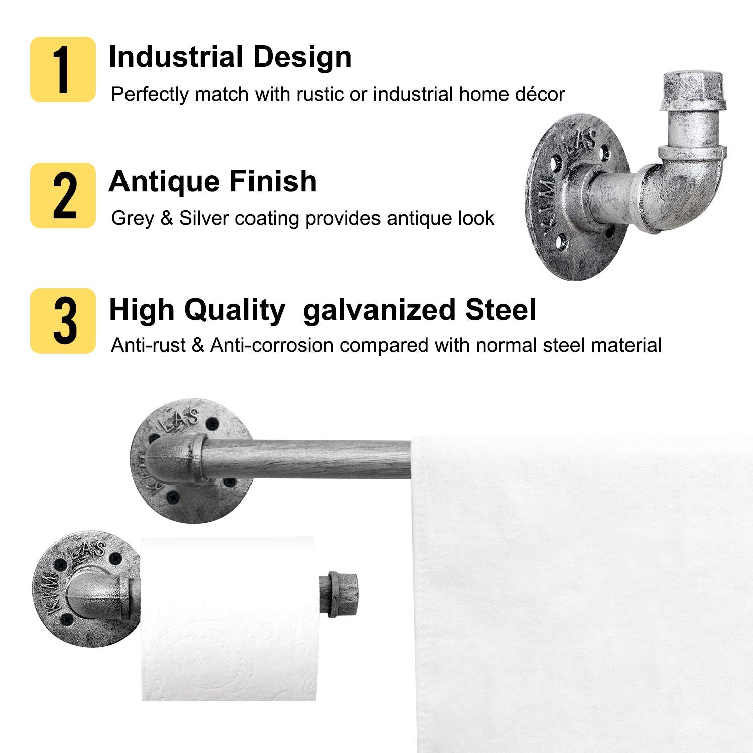 HouseAid 4-Piece Industrial Pipe Towel Holder Set - Rustic Steel Bathroom Towel Rack Kit with Wall Mount, Farmhouse Vintage Style Towel Bar Accessories in Antique Silver - Perfect for Bathroom, Laundry Room, and Kitchen Organization