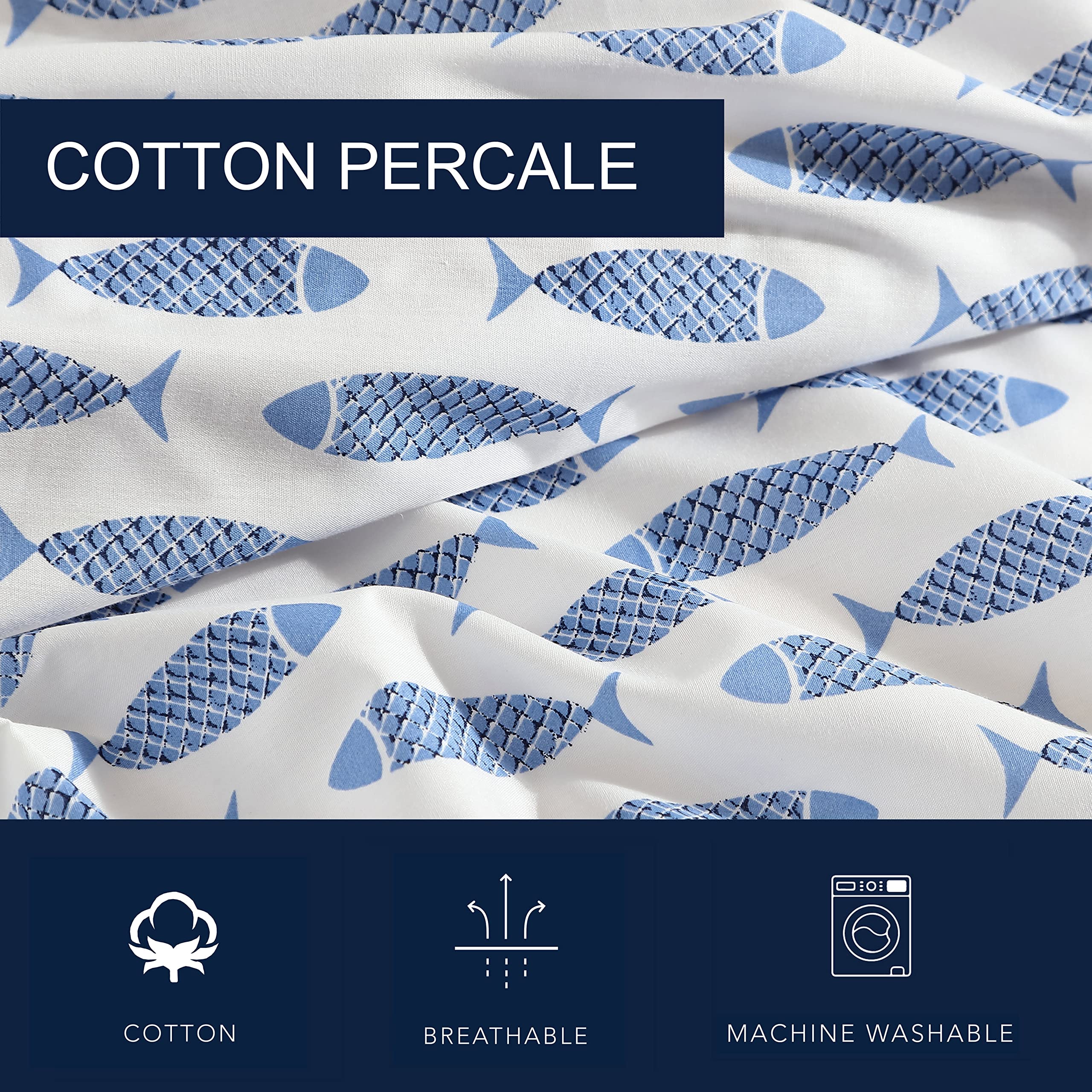 Nautica Queen Sheets - 100% Cotton Percale Bedding Set | Crisp & Cool Coastal Style | Woodblock Fish Blue | Perfect for Beach House, Guest Room & Summer Sleep