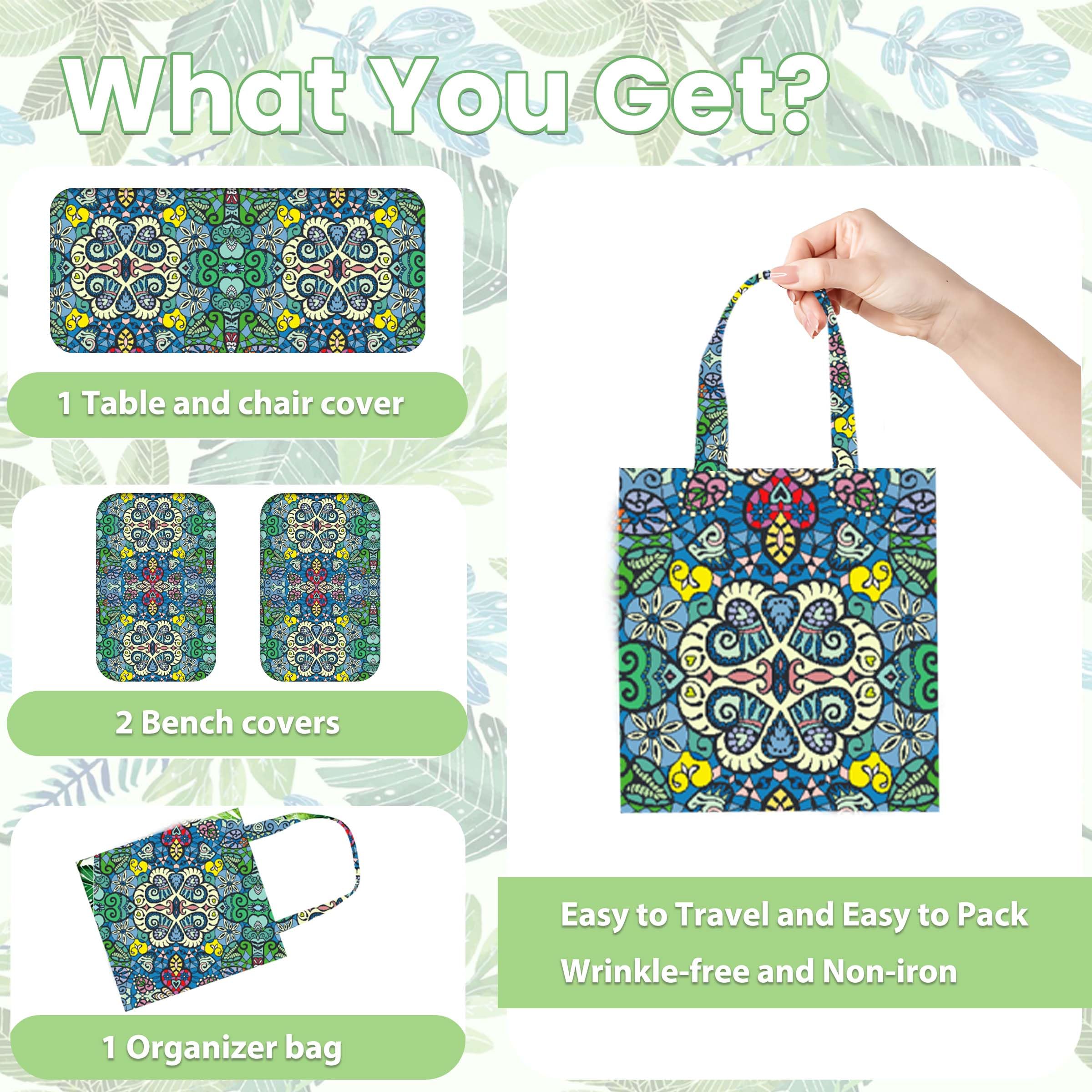 Waterproof Windproof Picnic Table Cover with Bench Covers - Elastic Rectangle Tablecloth with Storage Bag (Blue-Green Mandala, 72x30 inches) - Perfect for Outdoor Dining, BBQs, Camping & Picnics