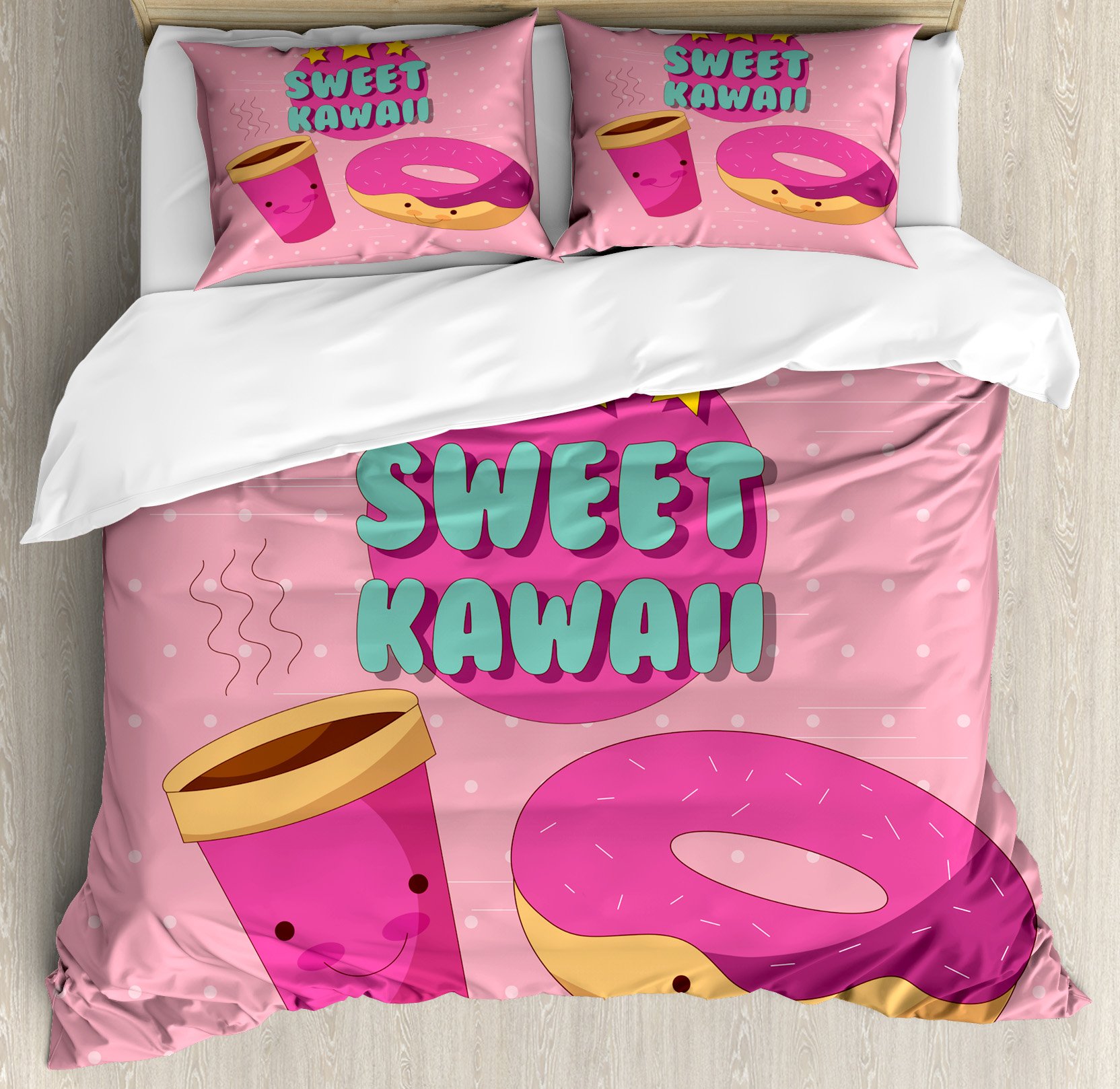 Ambesonne Anime Duvet Cover Set - Kawaii Lettering with Donut & Coffee Cartoon Characters, Pink Backdrop 3-Piece Bedding Set with 2 Pillow Shams, King Size Multicolor | Cute Bedroom Decor for Anime Fans, Teens & Kawaii Lovers