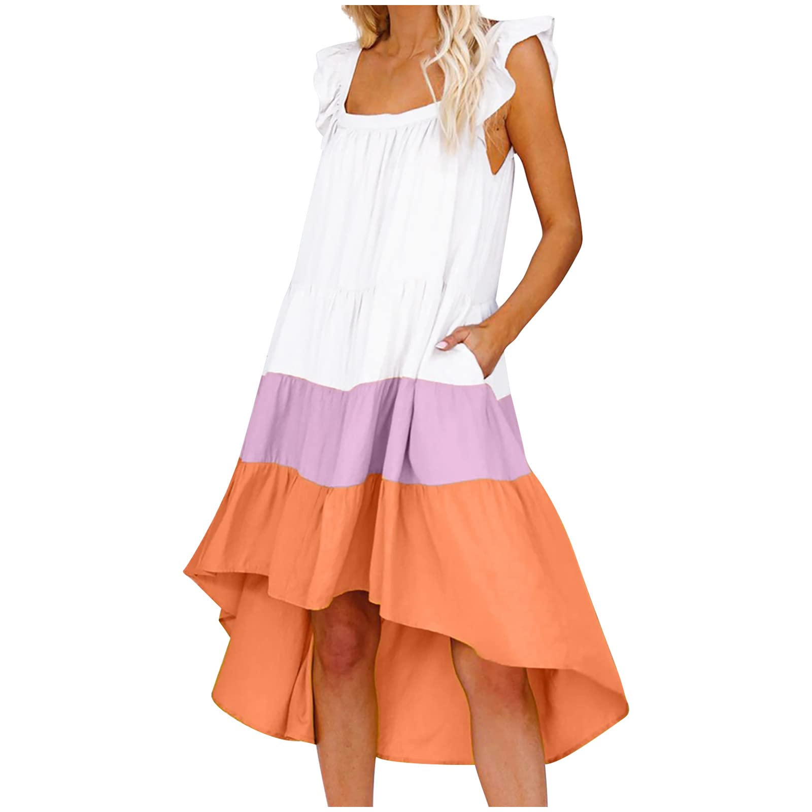 2022 Women's Summer Dresses - Patchwork Square Neck Sleeveless Maxi & Short Shift Dresses for Vacation | Casual Cami Dresses with Embellishments | Perfect for Beach, Party & Outdoor Events