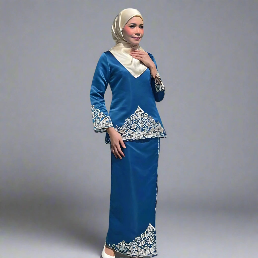 2-Piece Satin Malaysian Embroidery Top and Skirt Set - Elegant Traditional Outfit for Women, Perfect for Weddings, Parties & Special Occasions