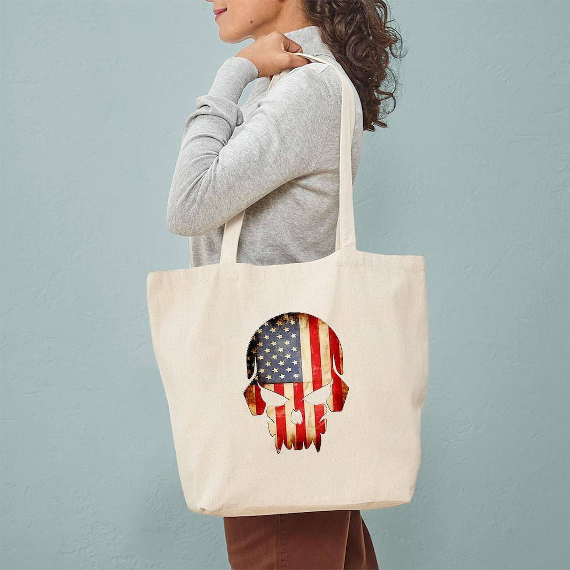 American Flag Skull Tote Bag - Natural Canvas Reusable Shopping Bag for Groceries, Beach & Daily Use | Patriotic Graphic Design