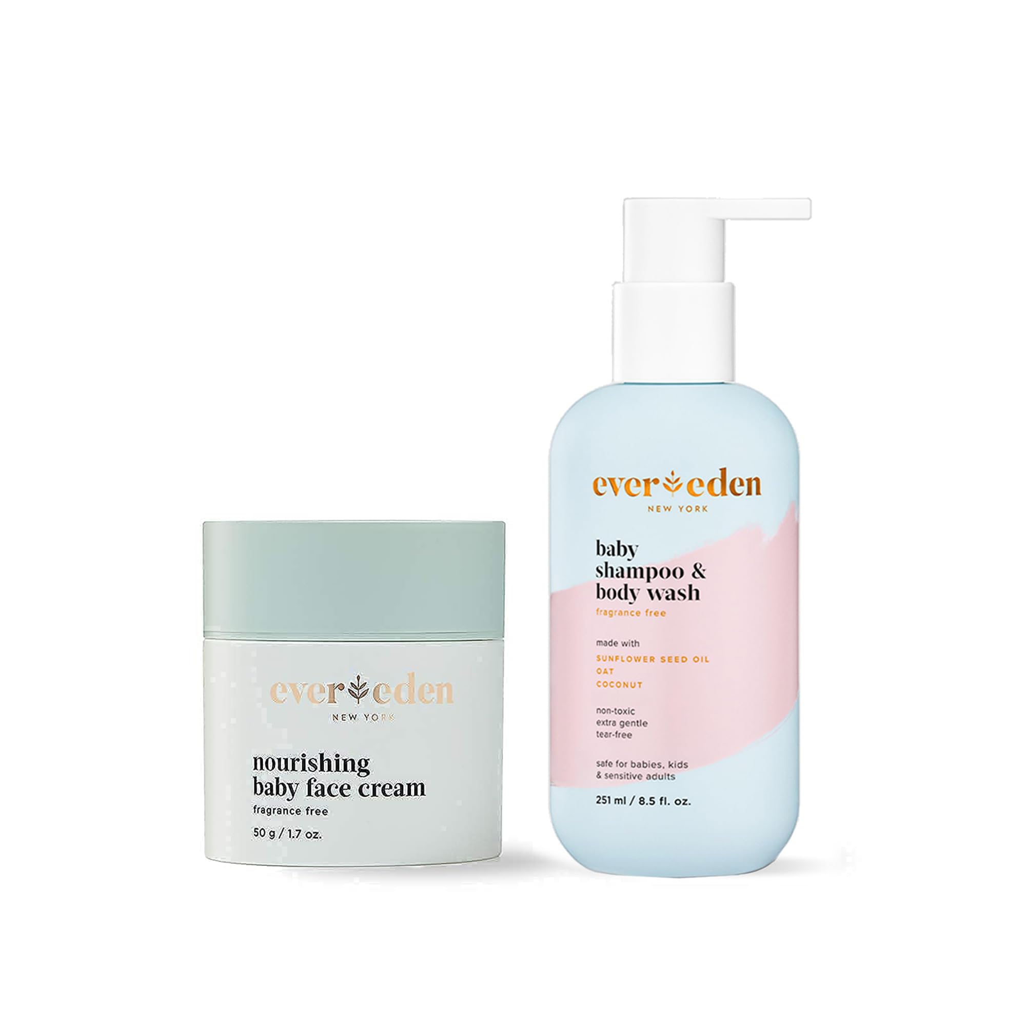 Evereden Baby Shampoo & Body Wash 8.5oz + Nourishing Face Cream 1.7oz | 2-in-1 Gentle Baby Care Set | Hypoallergenic, Fragrance-Free | Perfect for Newborn Bath Time & Daily Moisturizing Routine