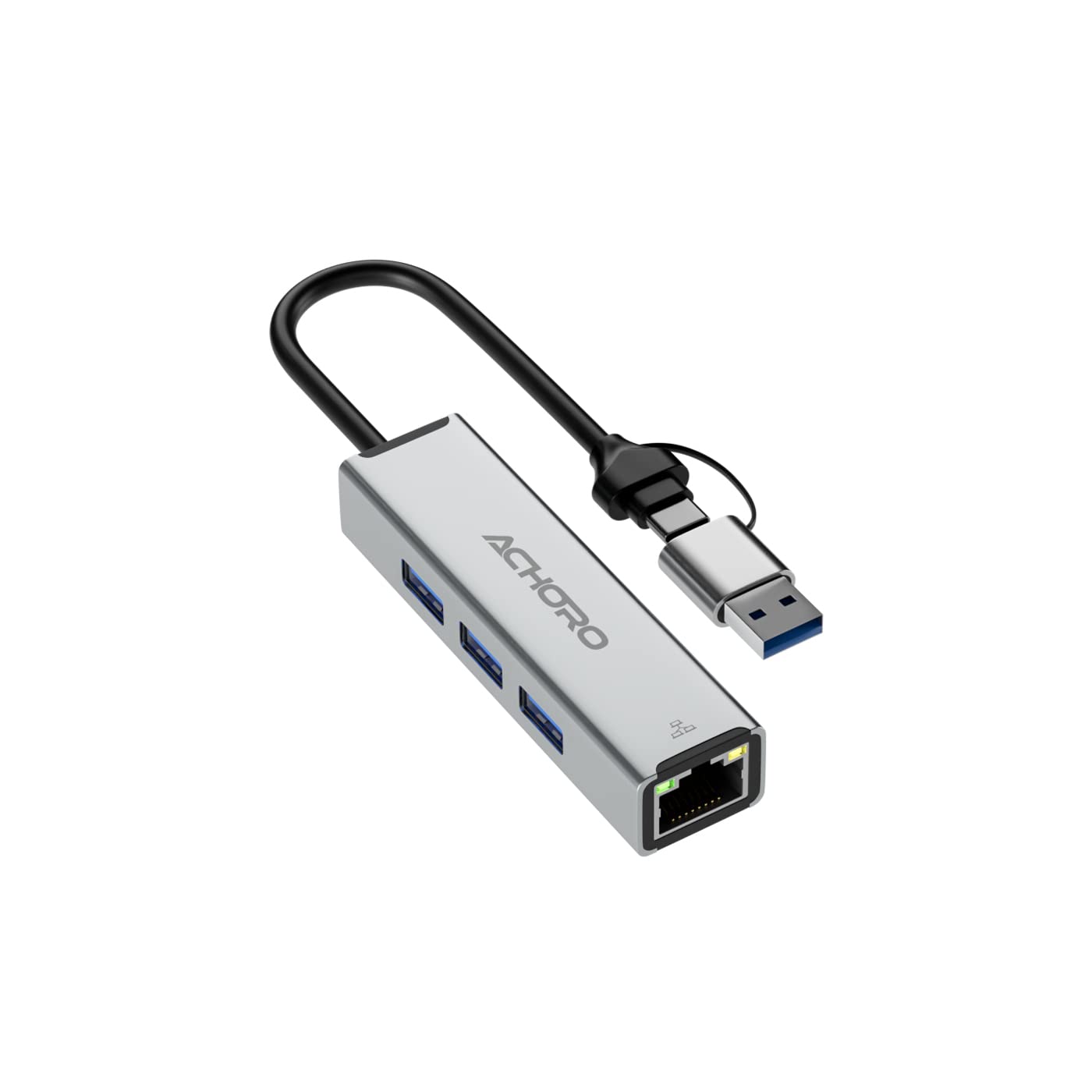ACHORO USB Hub with Ethernet Port - 4-in-1 USB C & USB A Port Expander with RJ45 LAN Adapter for Laptop, PC, Mac - Aluminum Alloy Multi-Port Hub for Charging, Data Transfer & Wired Internet Connection - Perfect for Home Office, Gaming & Travel Use