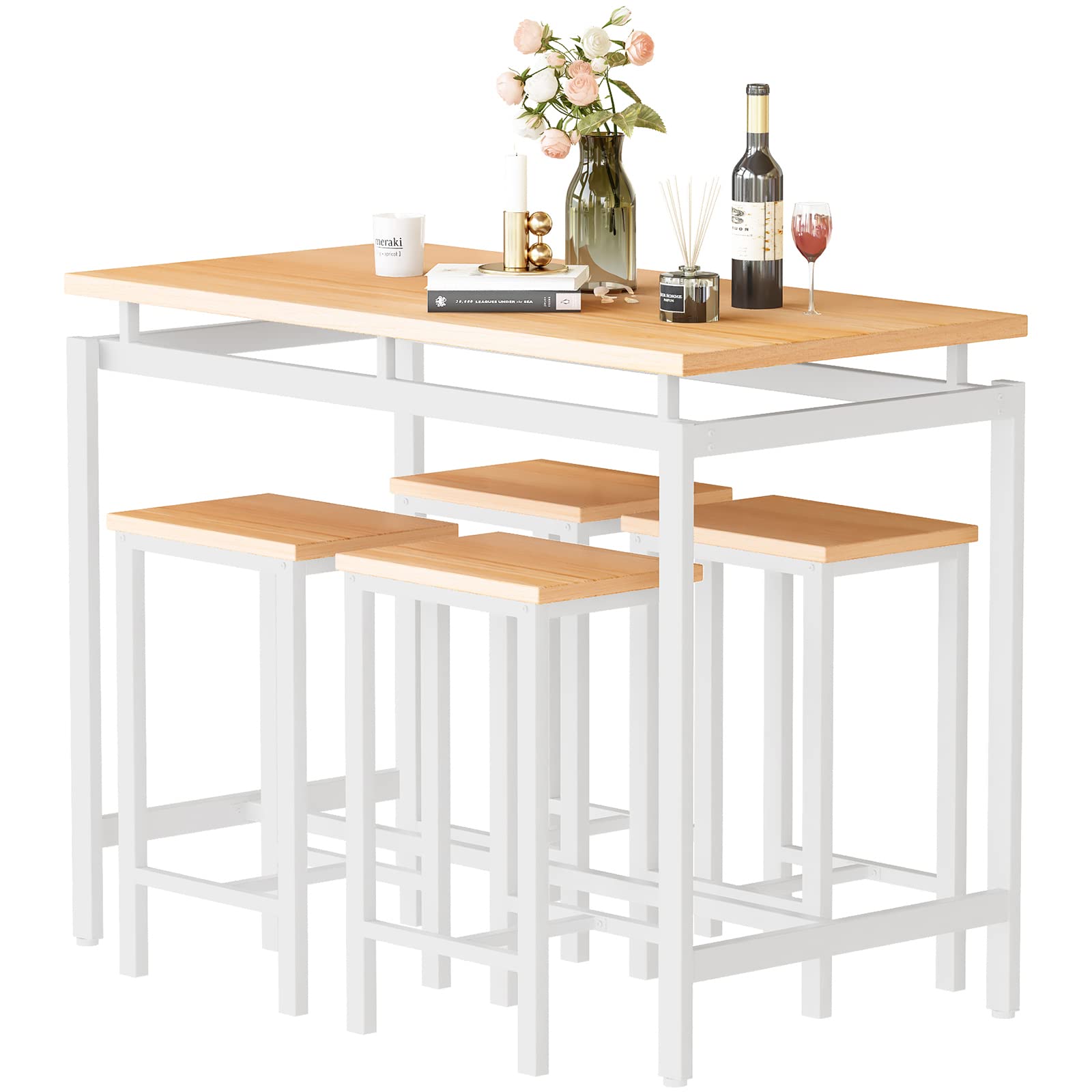 Modern 5-Piece Industrial Bar Table Set with 4 Stools - Counter Height Dining Table for Kitchen, Pub & Small Spaces | Perfect for Breakfast Nook, Bistro, Apartment & Compact Dining Areas