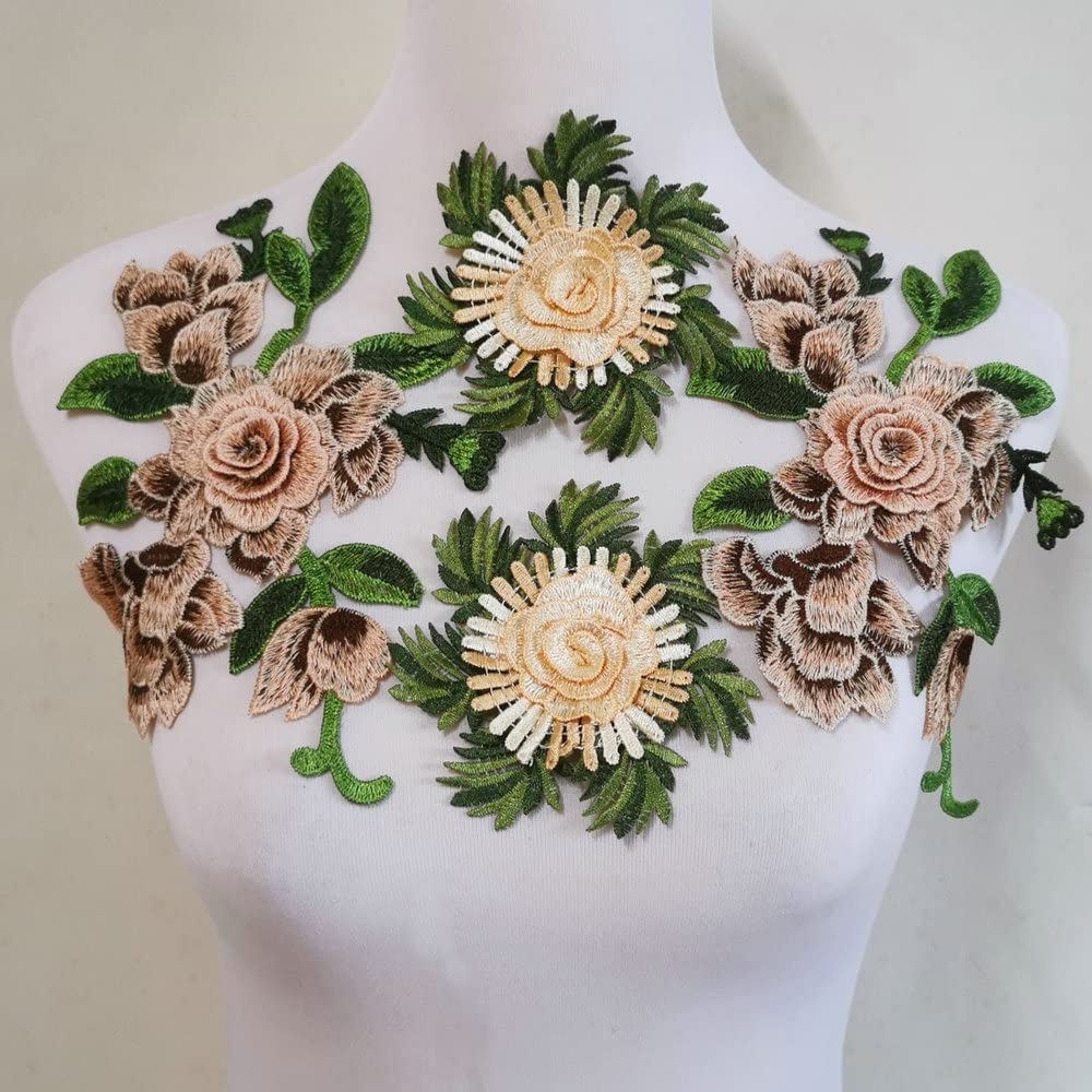 3D Hollow Out Embroidery Applique Flower Patch - Light Brown Sewing Lace for DIY Clothing, Dresses, Jackets & Costume Design - Perfect for Bridal, Vintage Fashion & Craft Projects