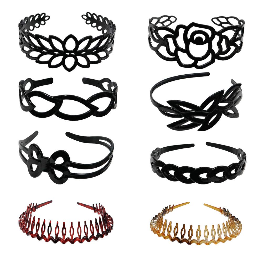 8-Piece Non-Slip Plastic Headbands with Inner Teeth Comb - Comfortable Hair Accessories for Women & Girls (ph8p_02) - Perfect for Sports, Workouts, Yoga, and Everyday Styling