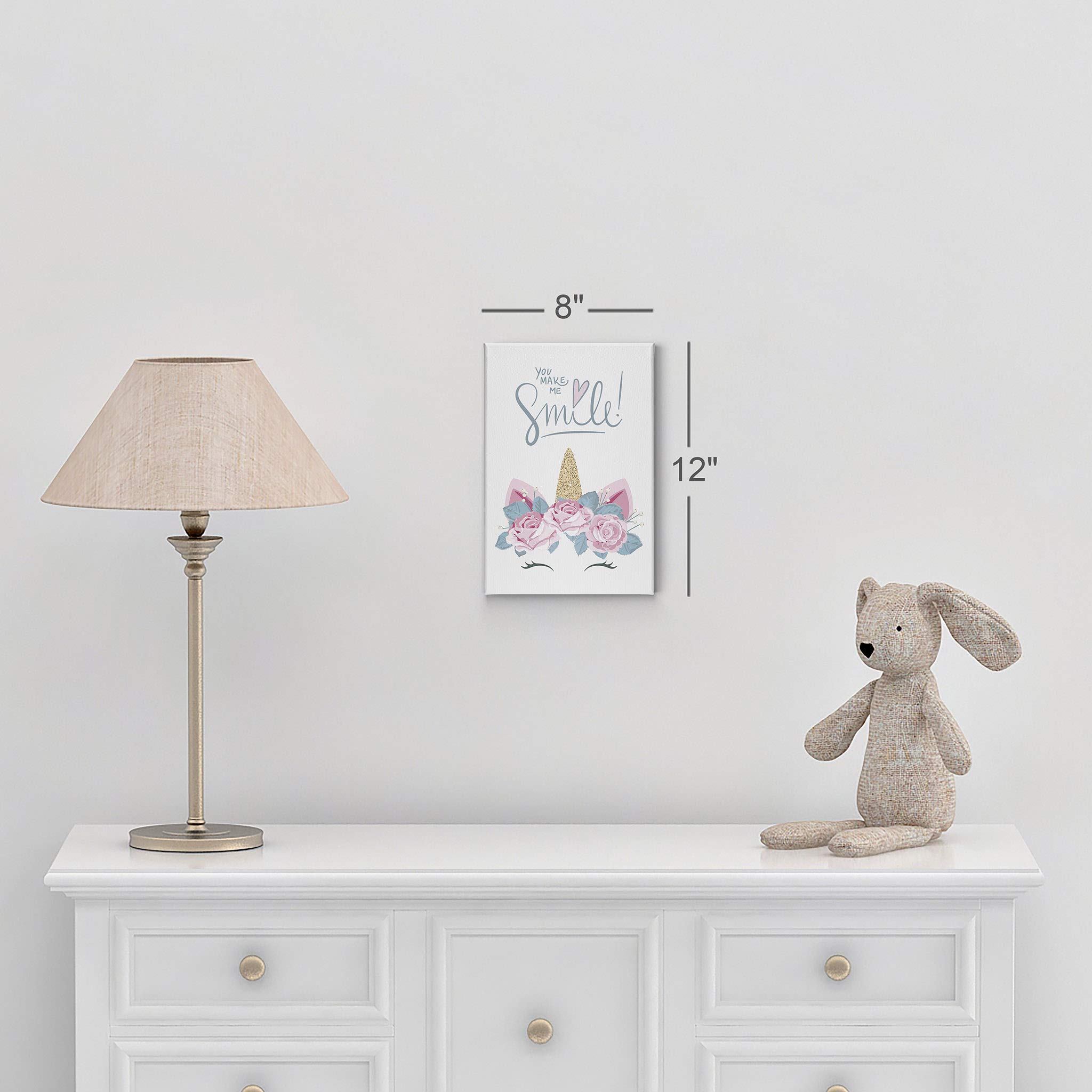 Golden Horn Unicorn with Pink Flowers Canvas Print - Inspirational Quote Wall Art for Kids Room, Nursery & Baby Room Decor - Ready to Hang Made in USA (12x8) - Perfect for Birthday Gifts, Baby Showers & Playroom Wall Decor