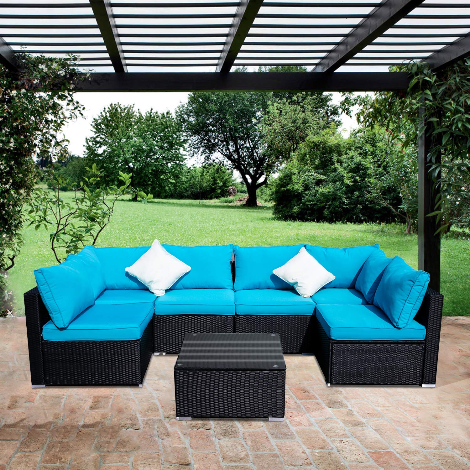 OVASTLKUY 7-Piece Outdoor Patio Furniture Set - Blue Rattan Wicker Sectional Sofa with Washable Cushions | Perfect for Backyard, Garden & Poolside Relaxation