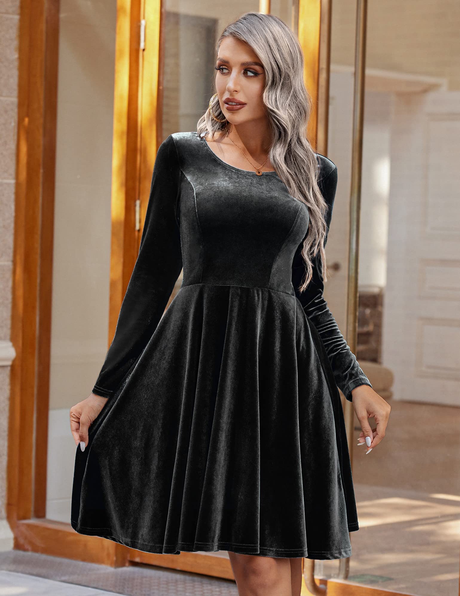 Elegant Women's Velvet Long Sleeve Cocktail Dress - Christmas Party, Club Wear, Wedding Guest Outfit | Flare Swing Mini Prom Dress for Special Occasions & Evening Events