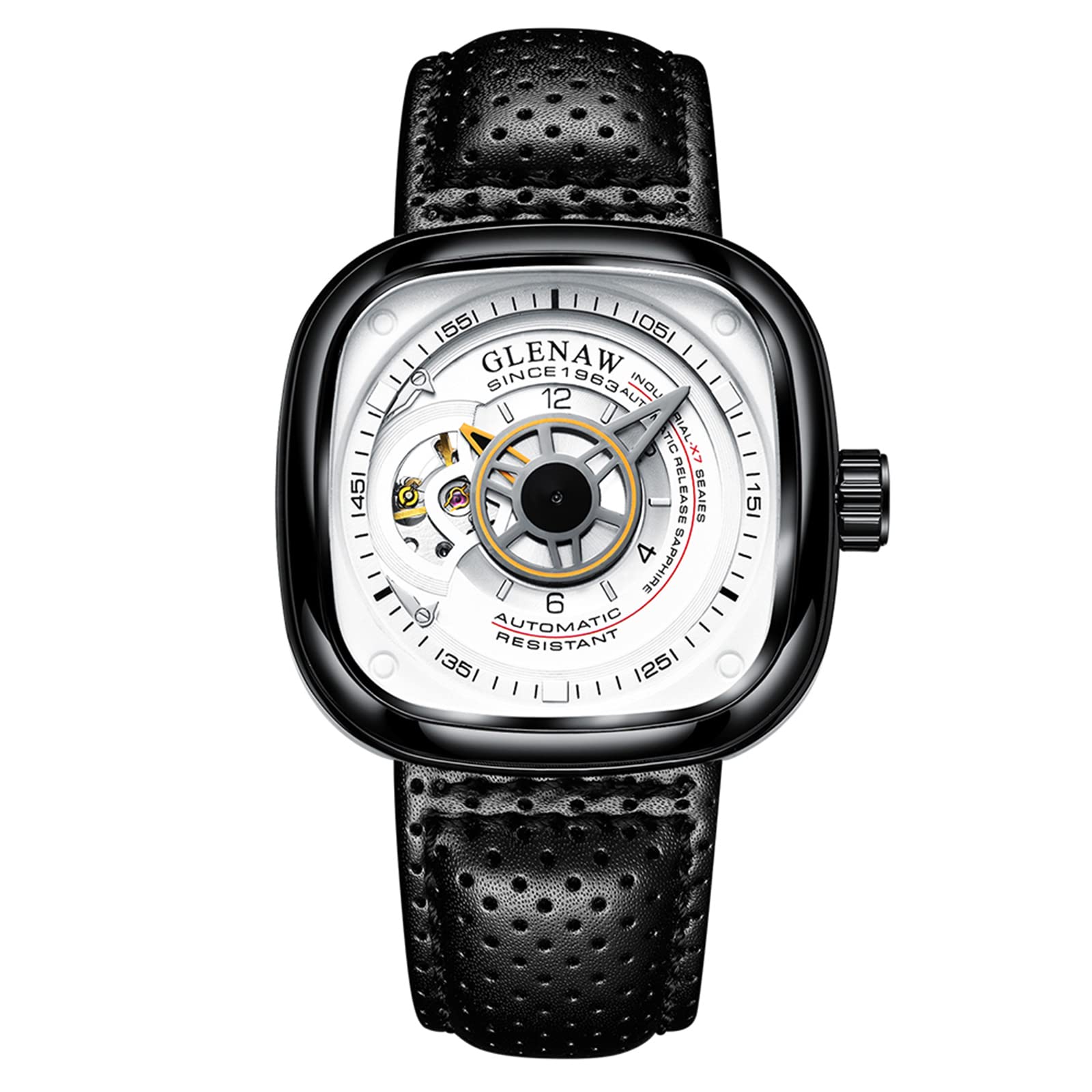 GLENAW Men's Automatic Skeleton Mechanical Watch - Waterproof Square Leather Band Strap for Business, Casual & Formal Wear | Perfect for Office, Dating & Special Occasions