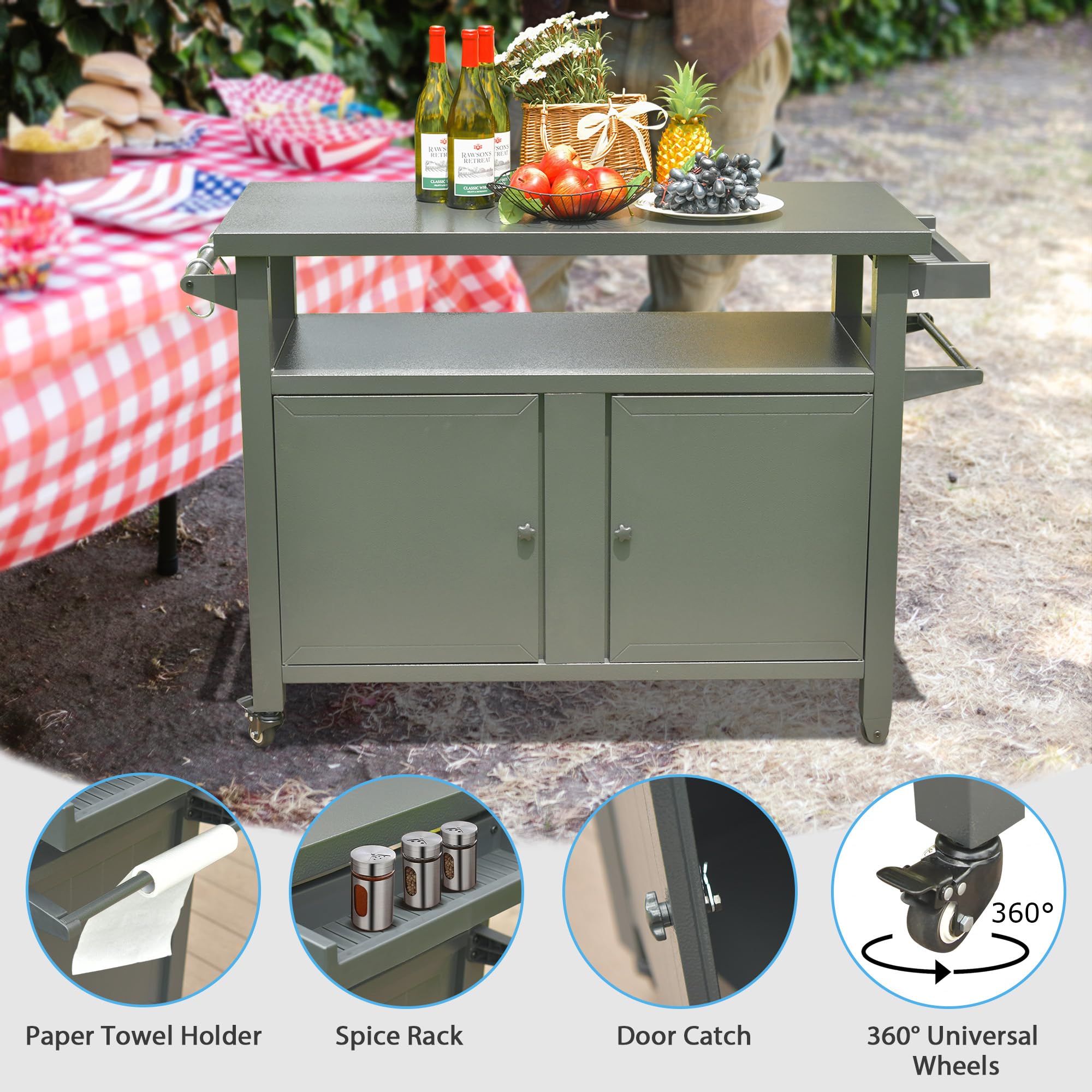 Premium Outdoor Grill Cart with Wheels - Heavy Duty Metal BBQ Prep Table, Kitchen Island & Dining Station for Patio, Backyard, Home Party & Bar Use (Grey) - Ideal for Grilling, Food Prep & Outdoor Entertaining