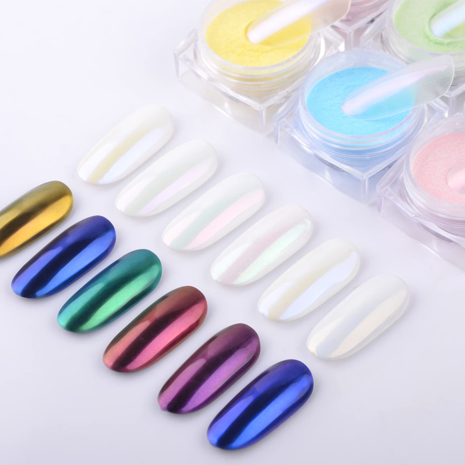 6 Colors Aurora Chrome Nail Powder Kit - Mirror Laser Mermaid Metallic Iridescent Nail Pigment with 6 Sponge Sticks - Multi-Chrome Pearl Mica Powder for Manicure & Nail Art - Perfect for Salon, Home DIY & Party Glam Looks