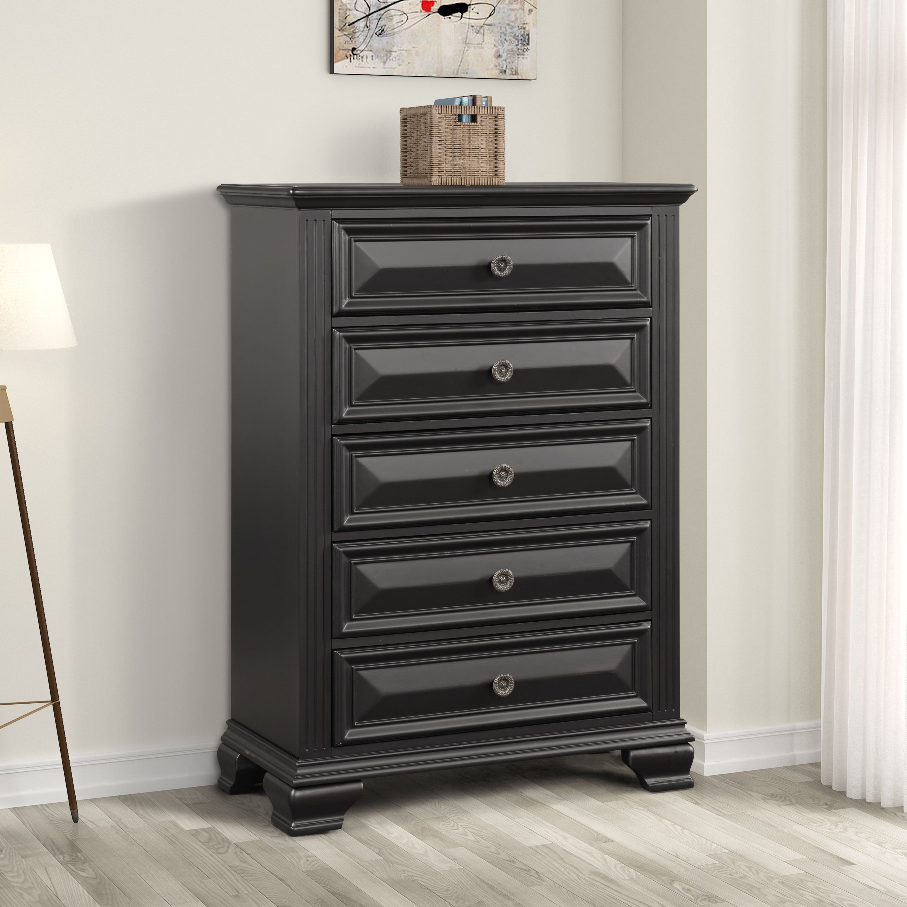 Vintage Black 5-Drawer Wooden Chest - Solid Wood Dresser for Bedroom Storage & Organization - Perfect for Clothes, Linens, and Home Decor