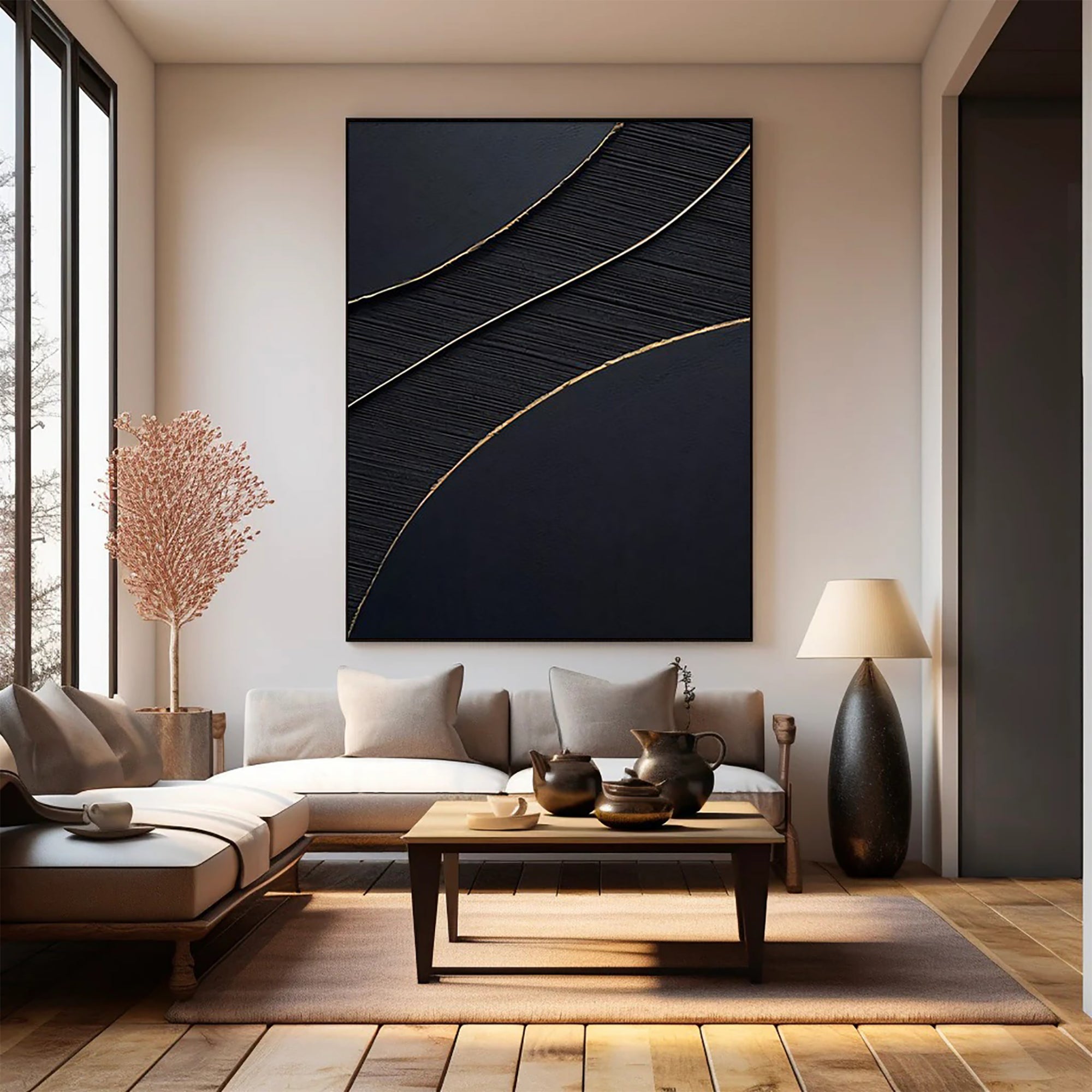 Black Gold Minimalist Textured Abstract Wall Art Painting #MZ049 - Perfect for Modern Home & Office Decor