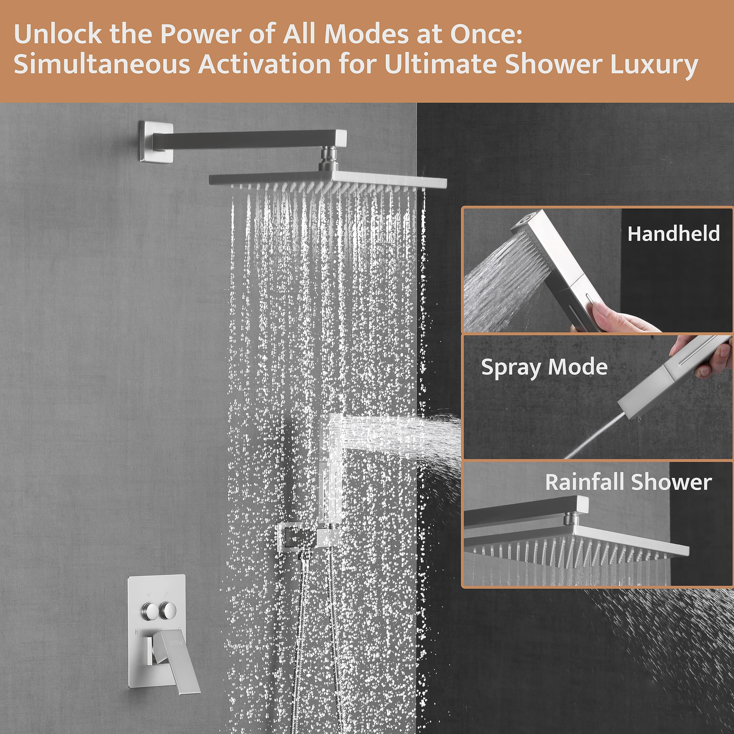 Brushed Nickel Wall Mount Shower Faucet Set with 2-in-1 Handheld Shower Head and Push Button Diverter - 10 Inch Rainfall Shower System for Bathroom Remodeling and Spa-Like Experience