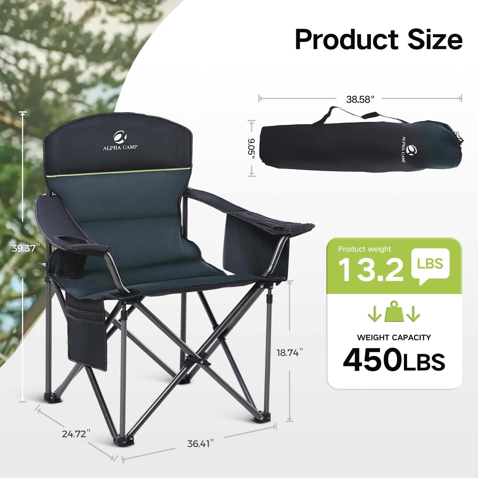 Heavy Duty Folding Camping Chair with Cooler Bag & Cup Holder - Oversized Padded Outdoor Armchair with Storage Pocket & Quad Lumbar Support - Perfect for Backyard, Beach, Picnics, Fishing & Camping Trips