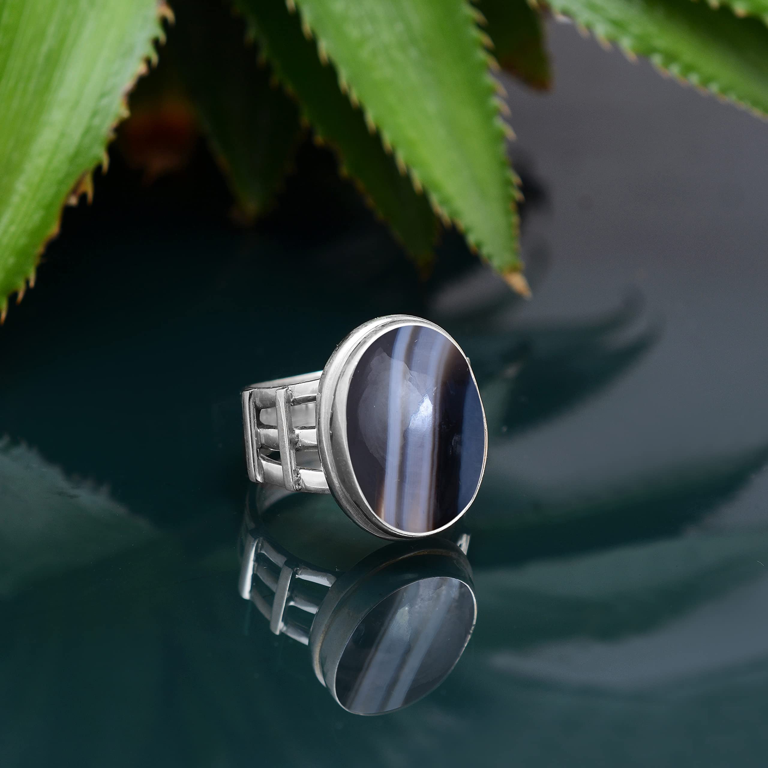 Veracity Jewelry 925 Sterling Silver Black Banded Agate Rings for Women - Natural Black White Gemstone Healing Meditation Jewelry - Handmade Spiritual Jewelry Gift for Yoga, Meditation & Everyday Wear - VSR-439