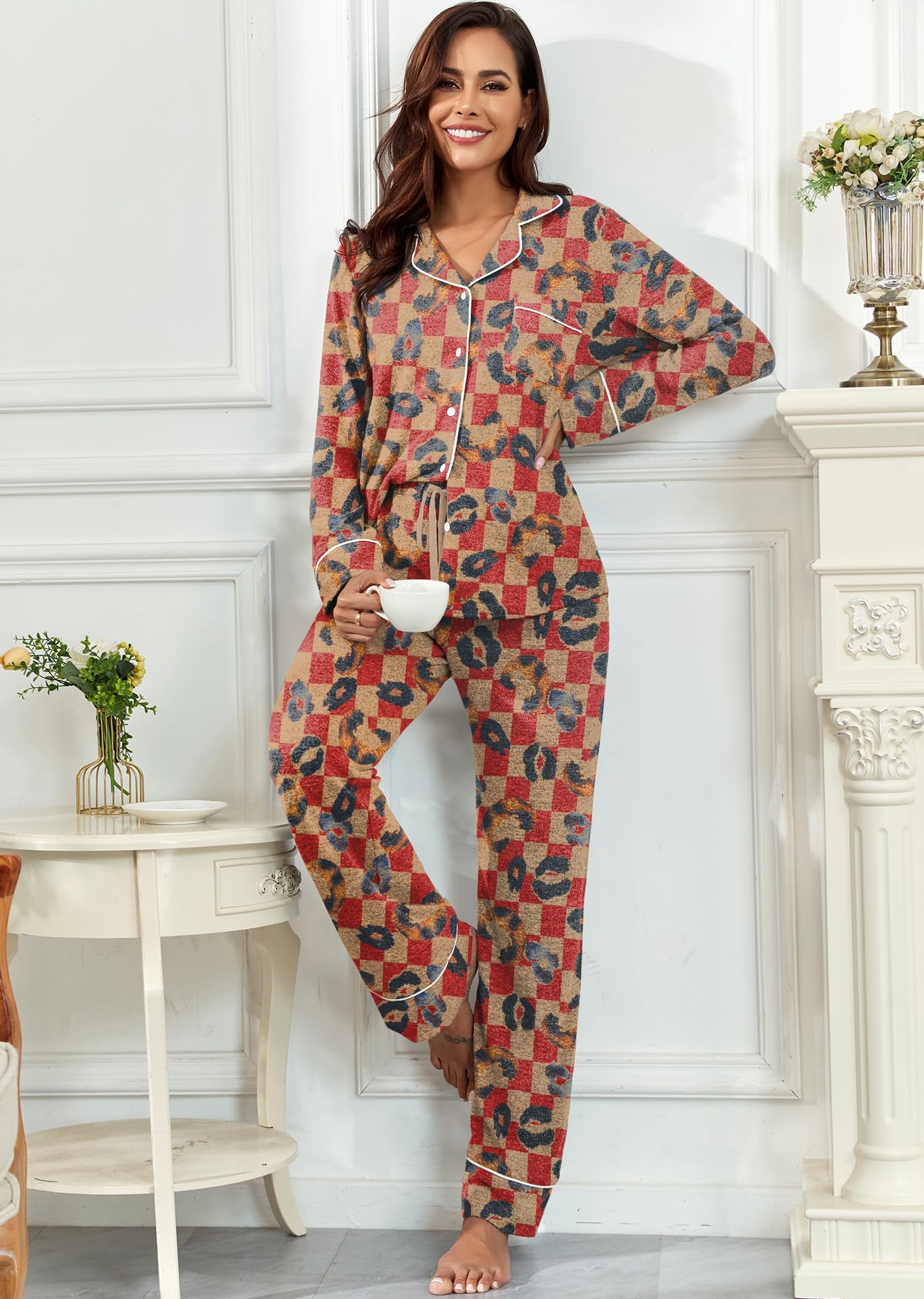 PrinStory Women's Long Sleeve Pajama Sets - 2 Piece Button Down Sleepwear & Lounge Outfit for Women | Soft Cotton Nightwear for Sleeping, Relaxing at Home
