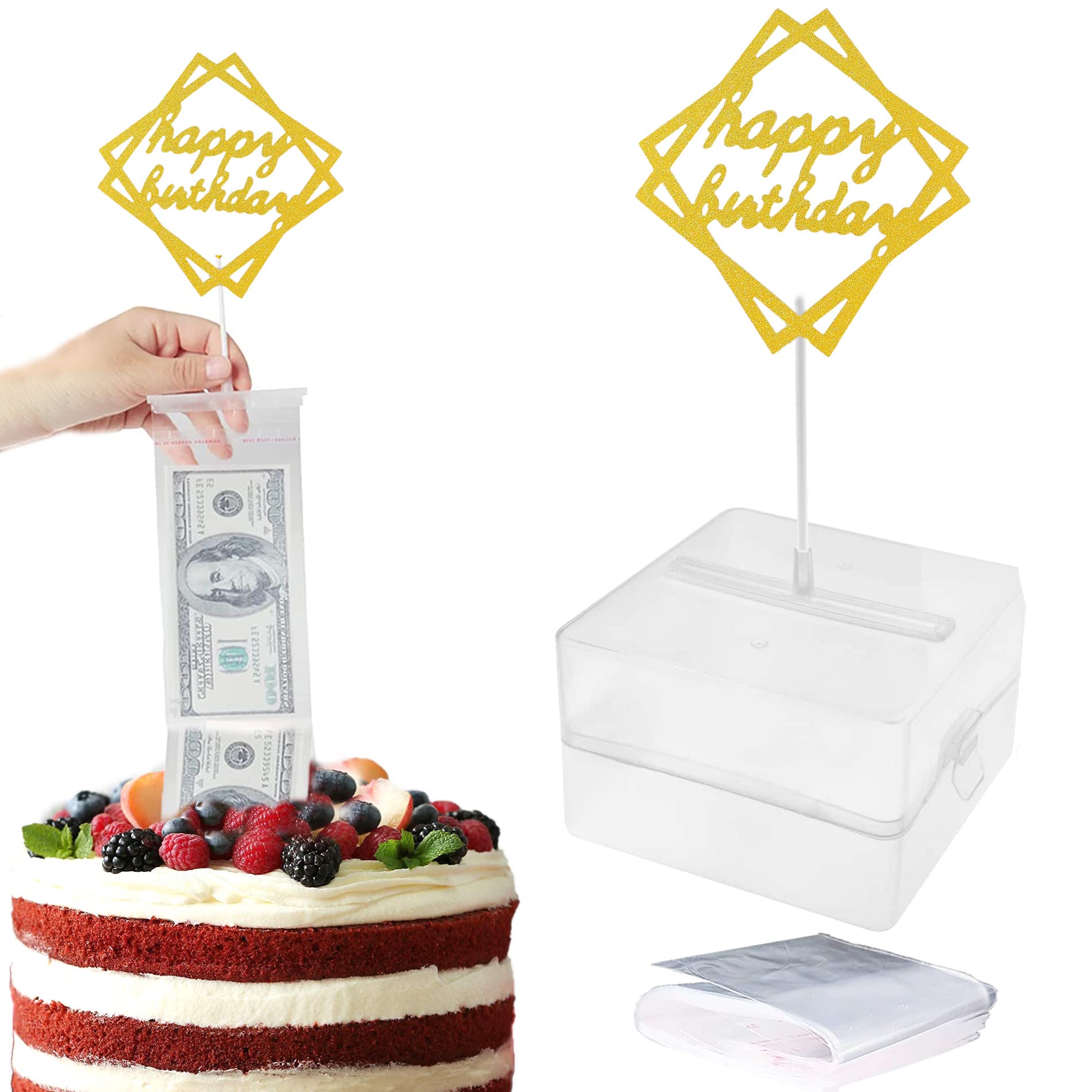 VAIIEYO Money Cake Box - Clear Pull Out Money Cake Kit with Gold Topper & 20 Transparent Bags for Birthday Party Decorations | Perfect for Surprise Cash Gifts, Graduation Celebrations & Special Occasion Cakes