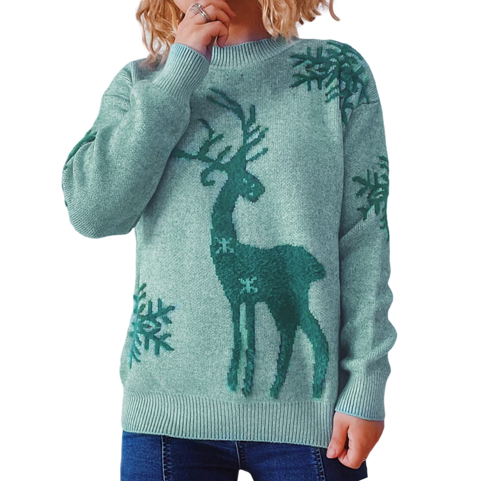 Women's Christmas Sweaters - Classic Long Sleeve Elk & Snowflake Knit Pullover Tops for Holiday Parties & Family Gatherings
