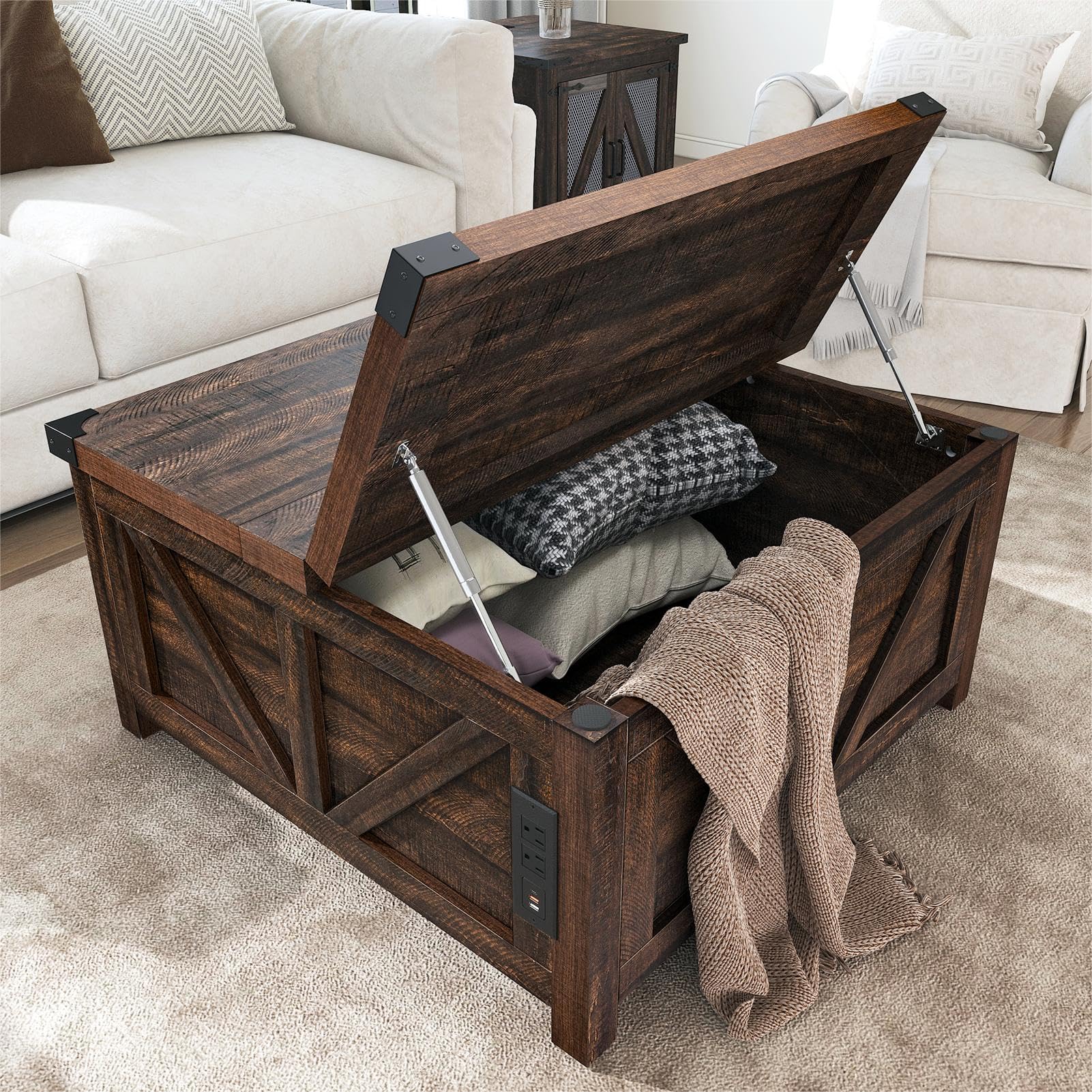 Farmhouse Lift Top Coffee Table with Storage - Wood Square Center Table with Charging Station & USB Ports - Large Hidden Compartment - Perfect for Living Room, Bedroom & Home Office - Ideal for Small Space Organization & Entertaining Guests