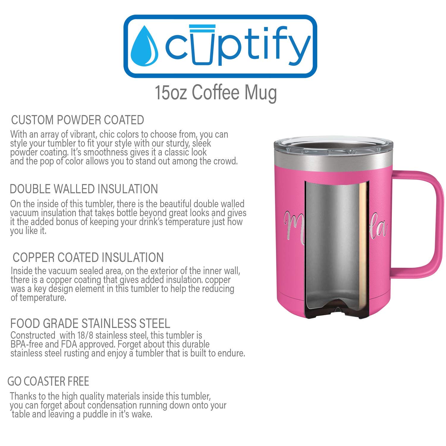 Personalized Pink Matte Finish 15 oz Stainless Steel Vacuum Insulated Coffee Mug with Handle - Custom Engraved Gift for Her, Perfect for Office, Home & Travel Use