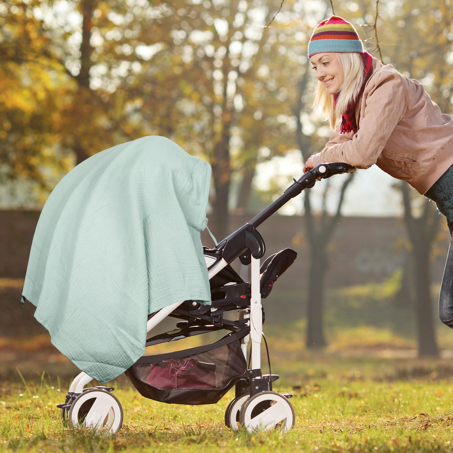 100% Cotton Muslin Nursing Cover - Breathable Breastfeeding Cover with Arch Neckline, Full Car Seat Coverage & Easy Baby Viewing - Light Green Multi-Use Nursing Scarf for Moms (Perfect for On-the-Go Feeding, Shopping & Travel)